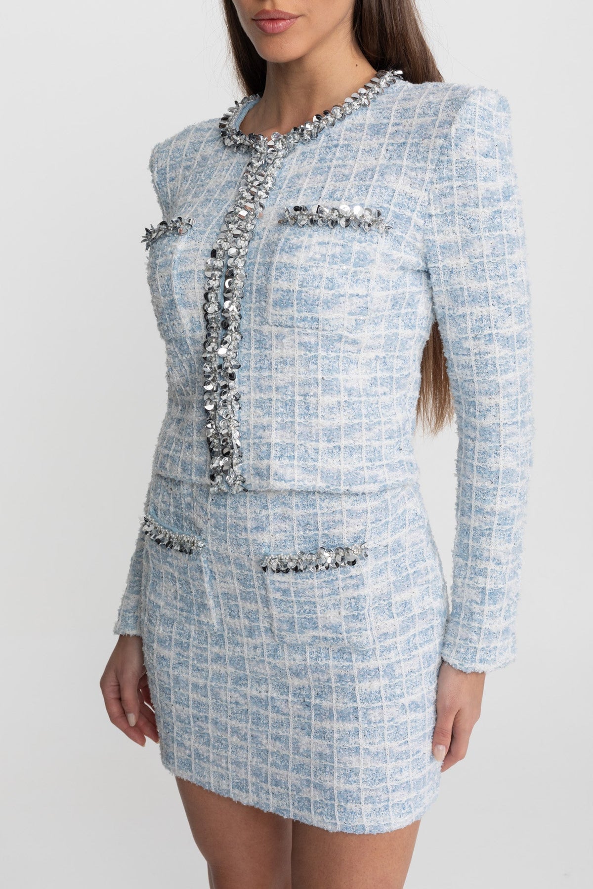 Crystal Trim Tweed Jacket and Mini Skirt Co-ord Set – Light Blue