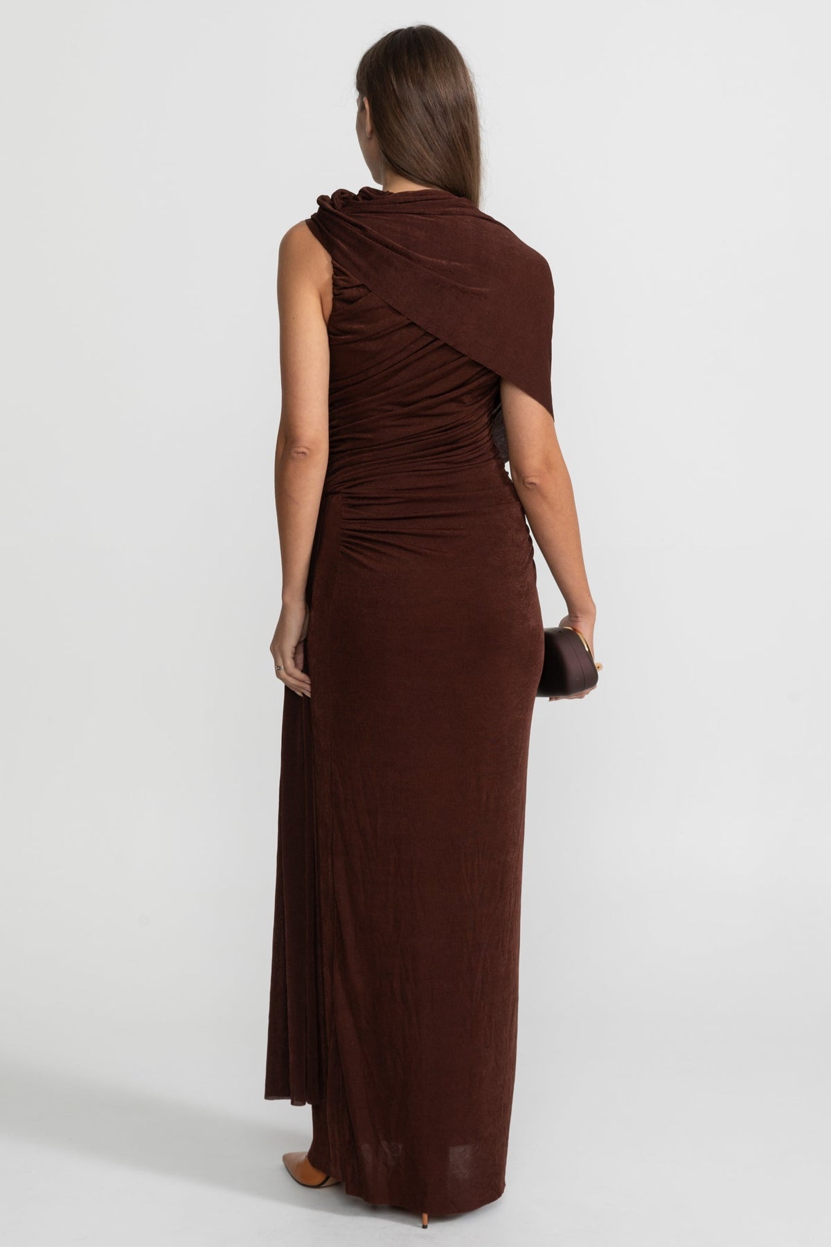 Draped Stretch Jersey Column Maxi Dress with Shoulder Scarf – Brown – view 6