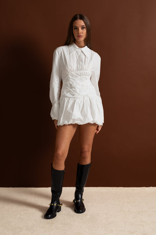 Long Sleeve Cotton Blend Shirt Dress with Circular Ruched Waist – White – view 2