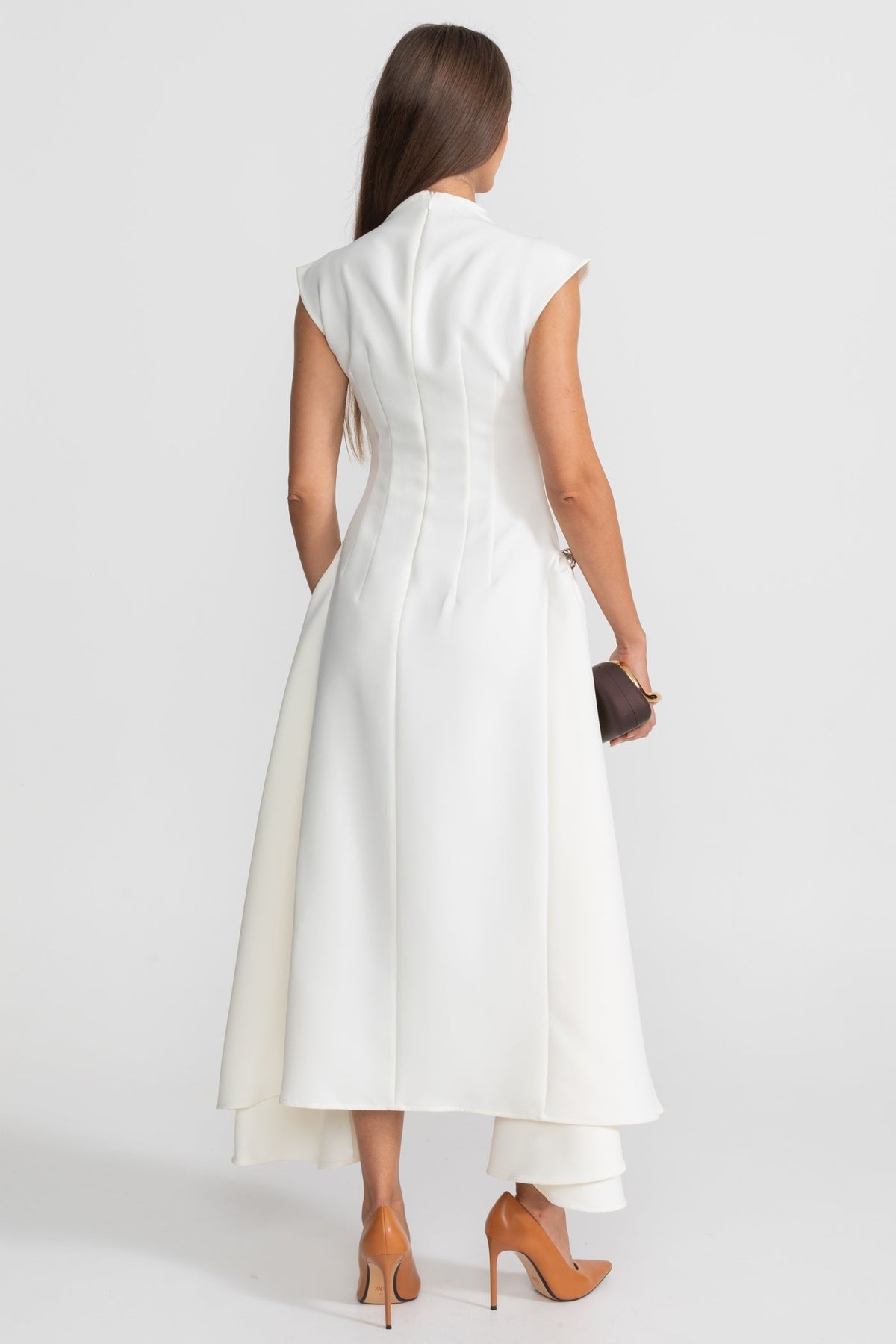 Structured Crepe Midi Dress with Ring Details and High-Low Hem – White – view 7