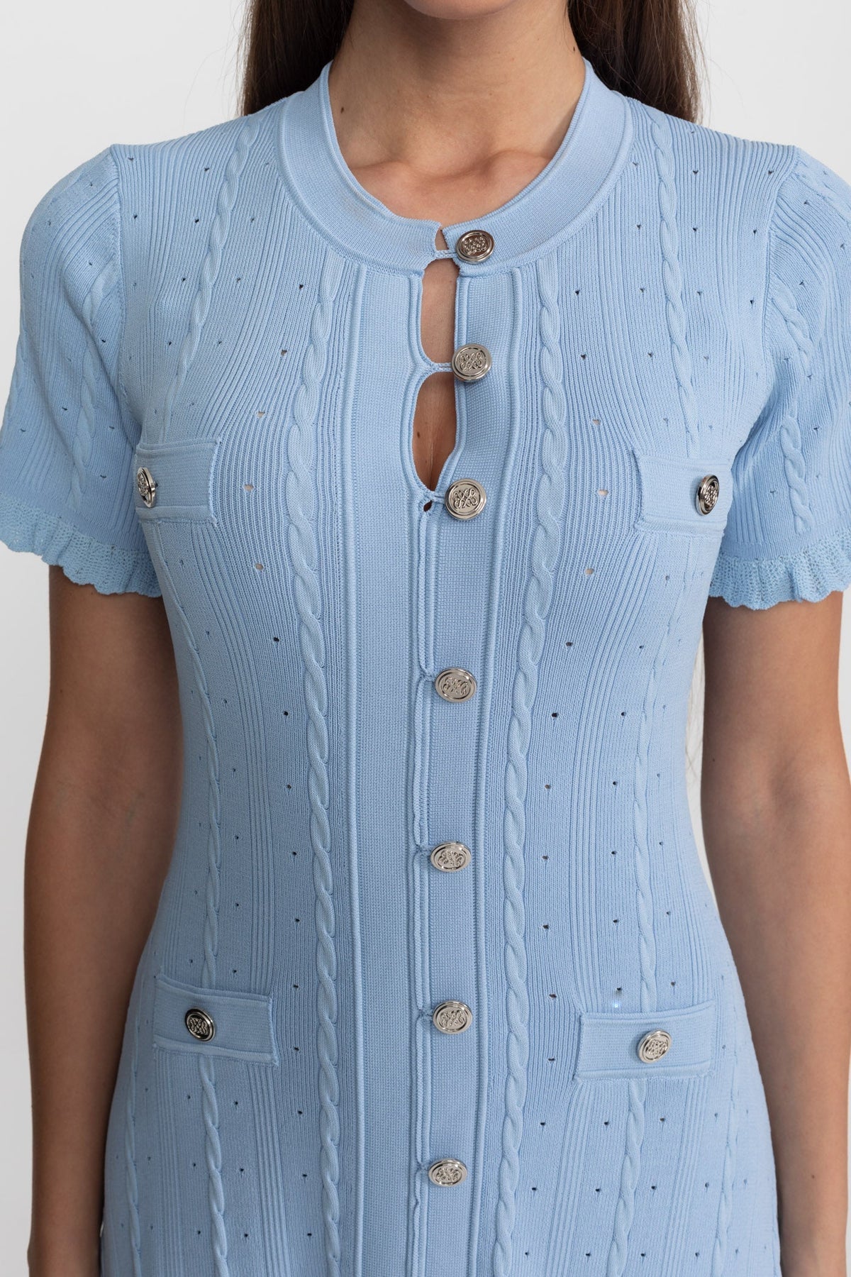 Knit Button-Front Midi Dress with Short Scalloped Sleeves – Baby Blue – view 7