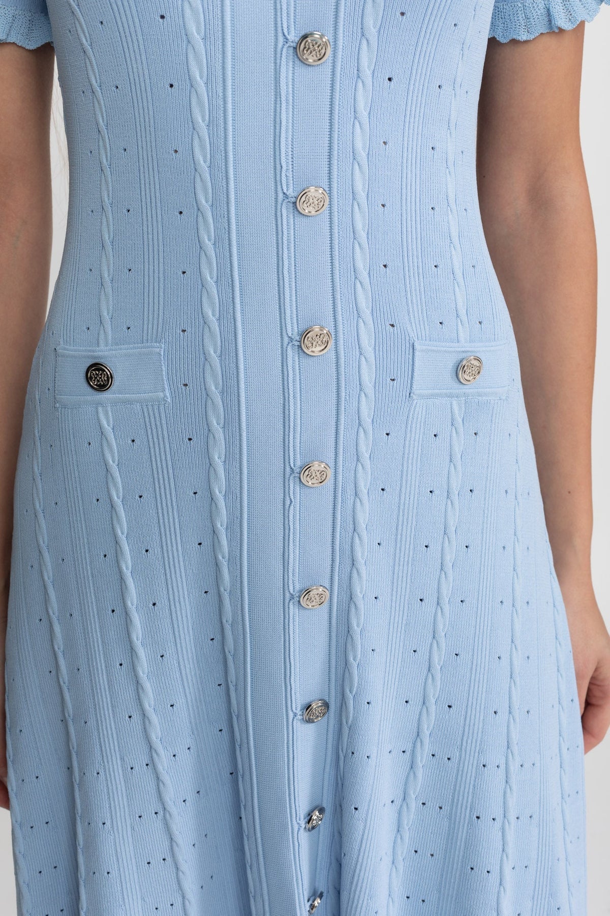 Knit Button-Front Midi Dress with Short Scalloped Sleeves – Baby Blue – view 8