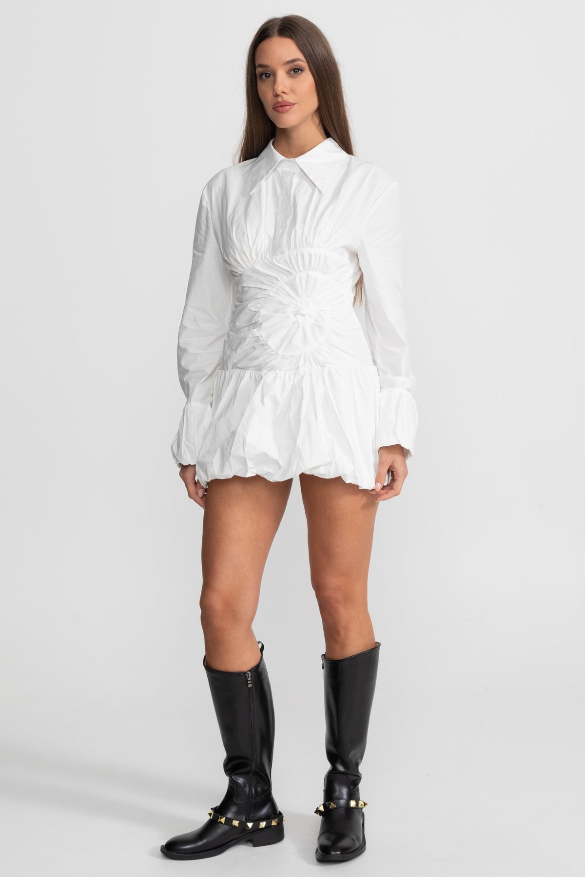 Long Sleeve Cotton Blend Shirt Dress with Circular Ruched Waist – White – view 3