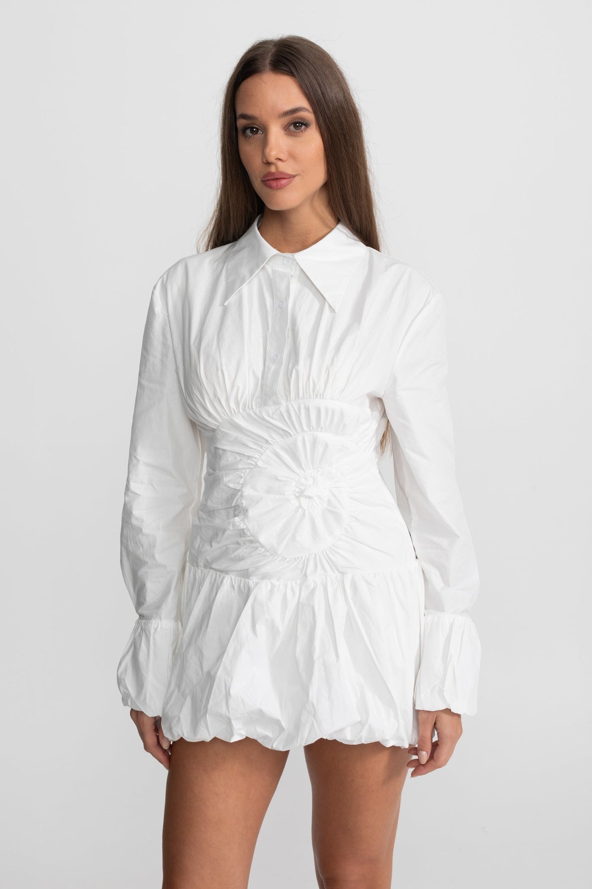 Long Sleeve Cotton Blend Shirt Dress with Circular Ruched Waist – White