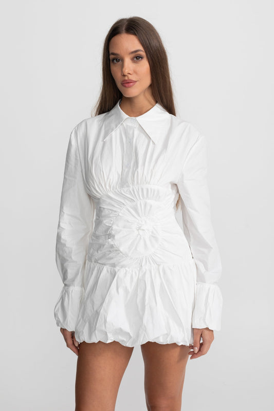 Long Sleeve Cotton Blend Shirt Dress with Circular Ruched Waist – White