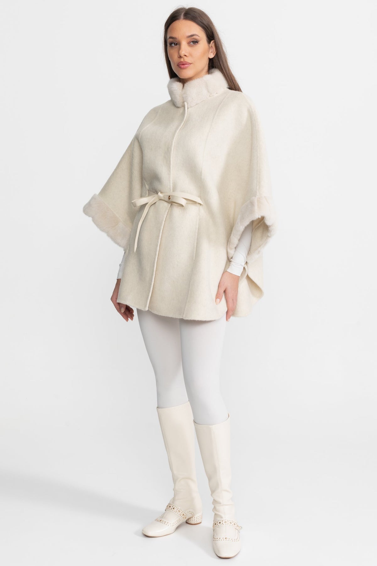 Wool Blend Cape Coat with Collar Trim and Tie Belt – Ivoire – view 6