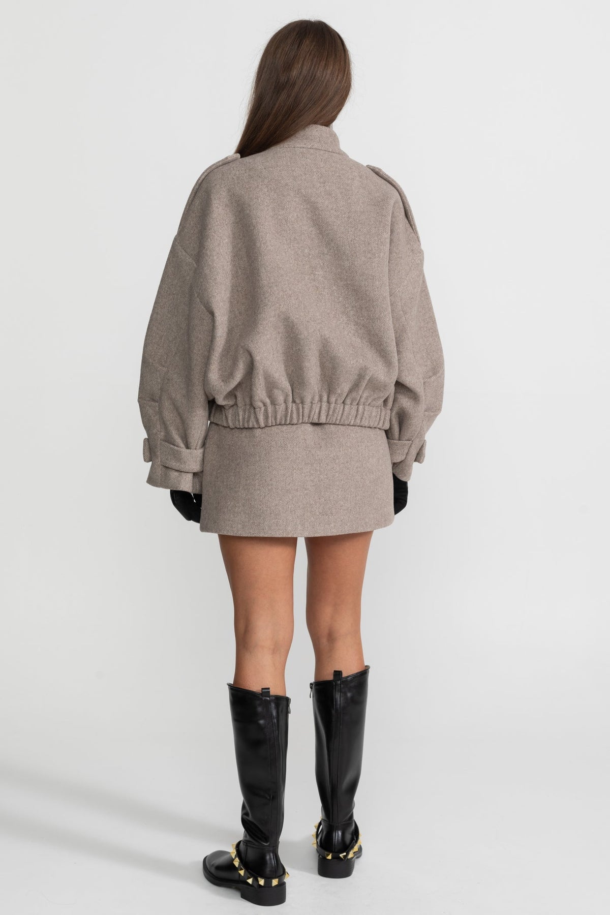 Wool Blend Cropped Bomber Jacket and Mini Skirt Co-ord Set – Taupe – view 8