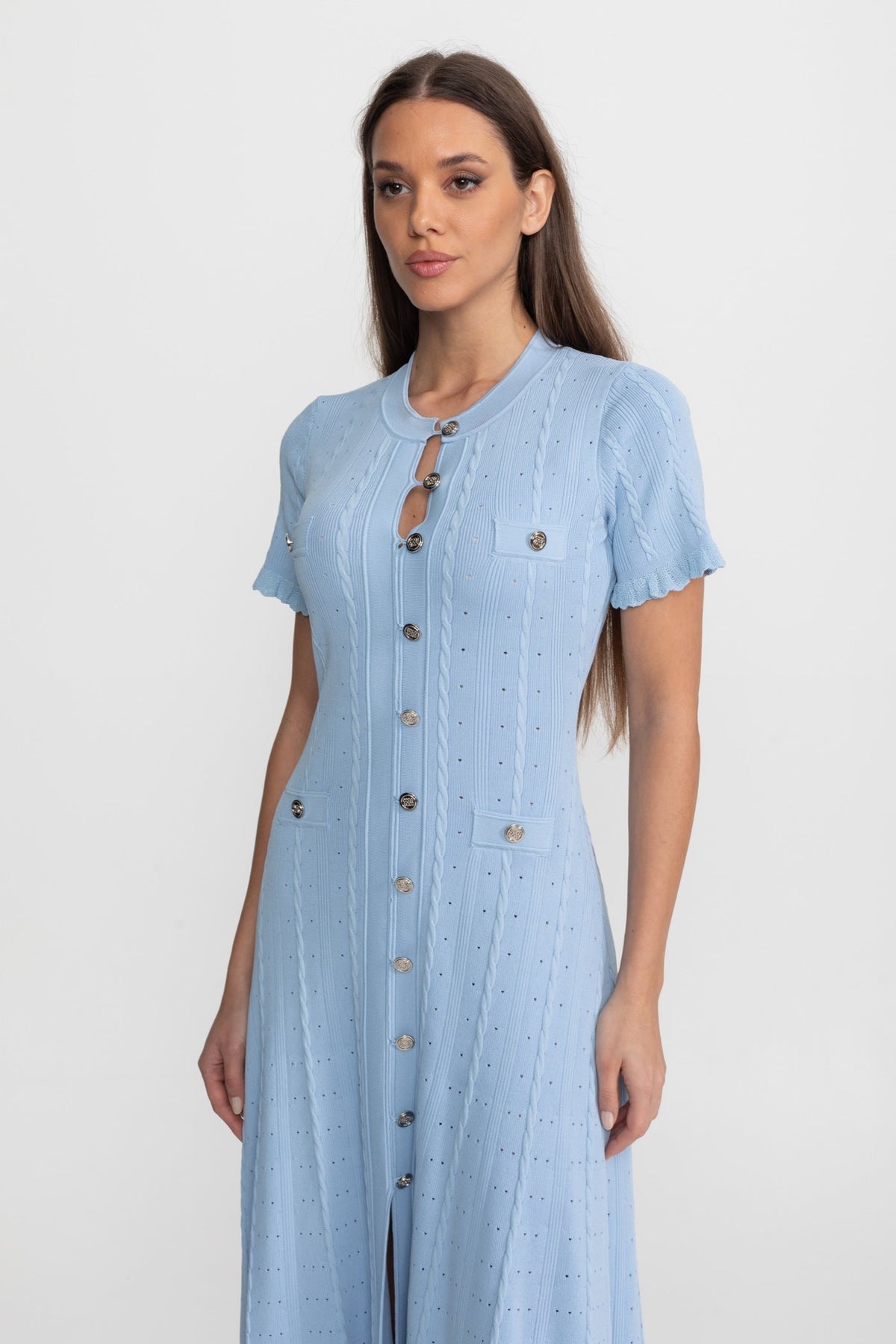 Knit Button-Front Midi Dress with Short Scalloped Sleeves – Baby Blue – view 6