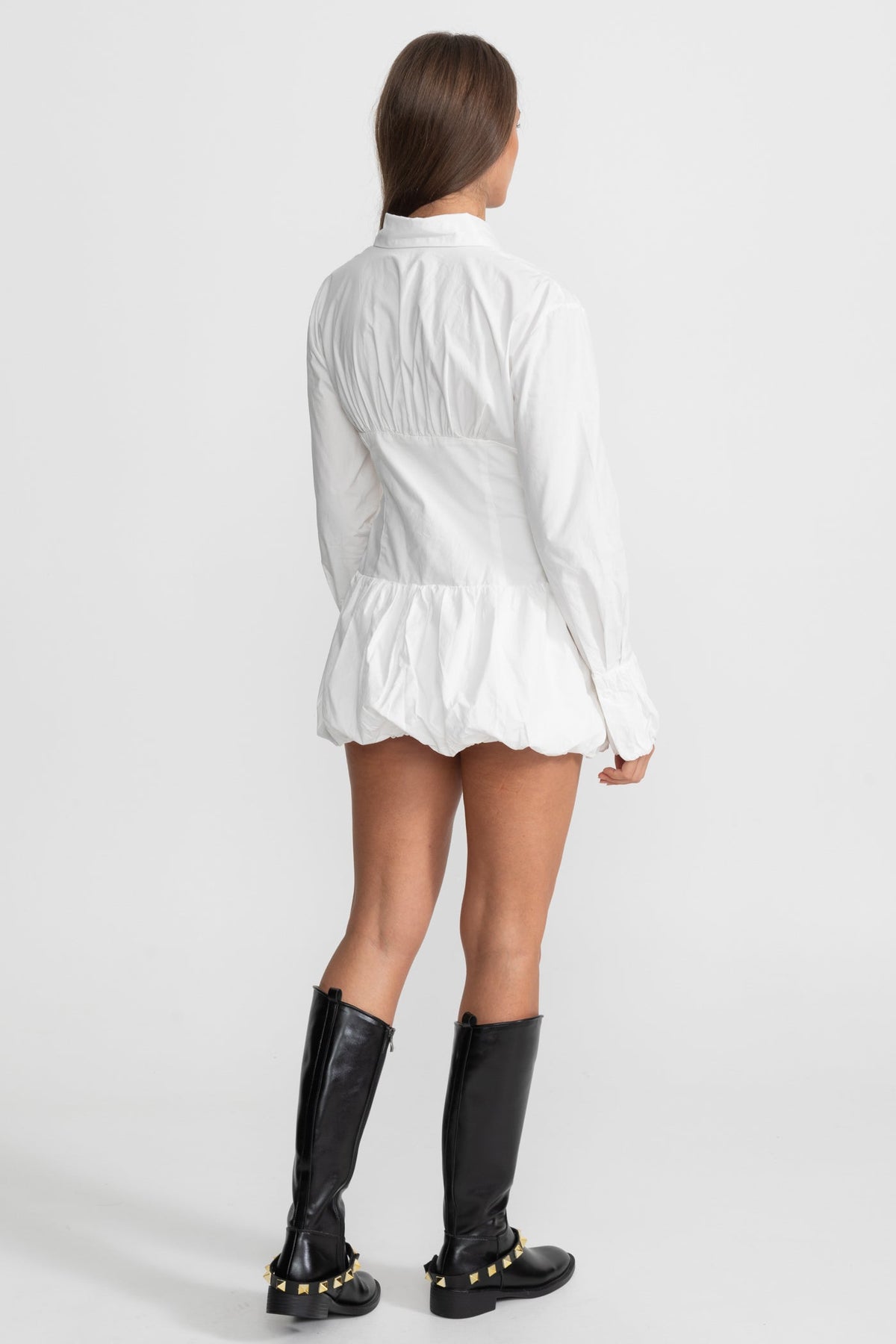 Long Sleeve Cotton Blend Shirt Dress with Circular Ruched Waist – White – view 4