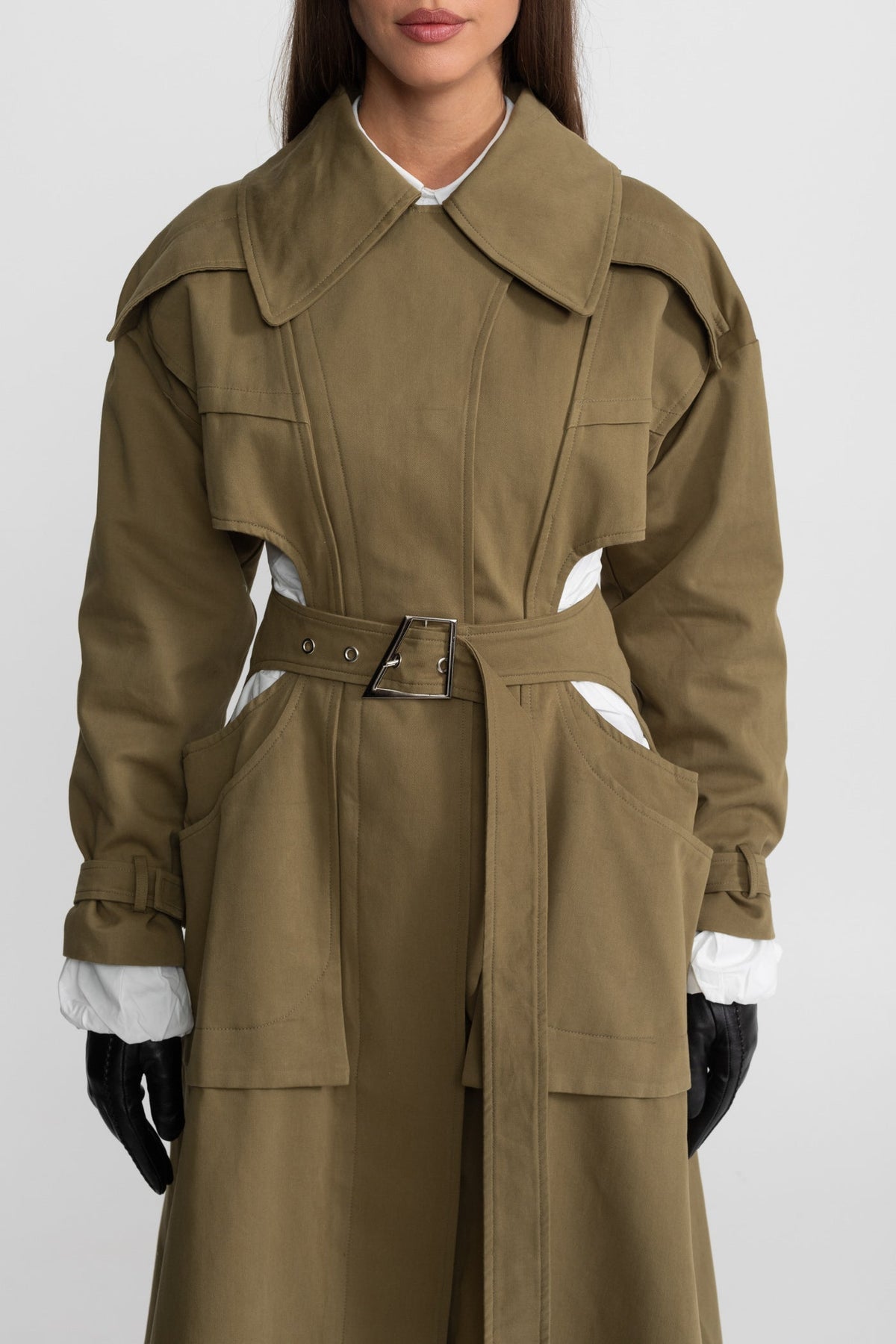 Cut-Out Trench Coat with Belted Waist and Utility Pockets – Khaki – view 5