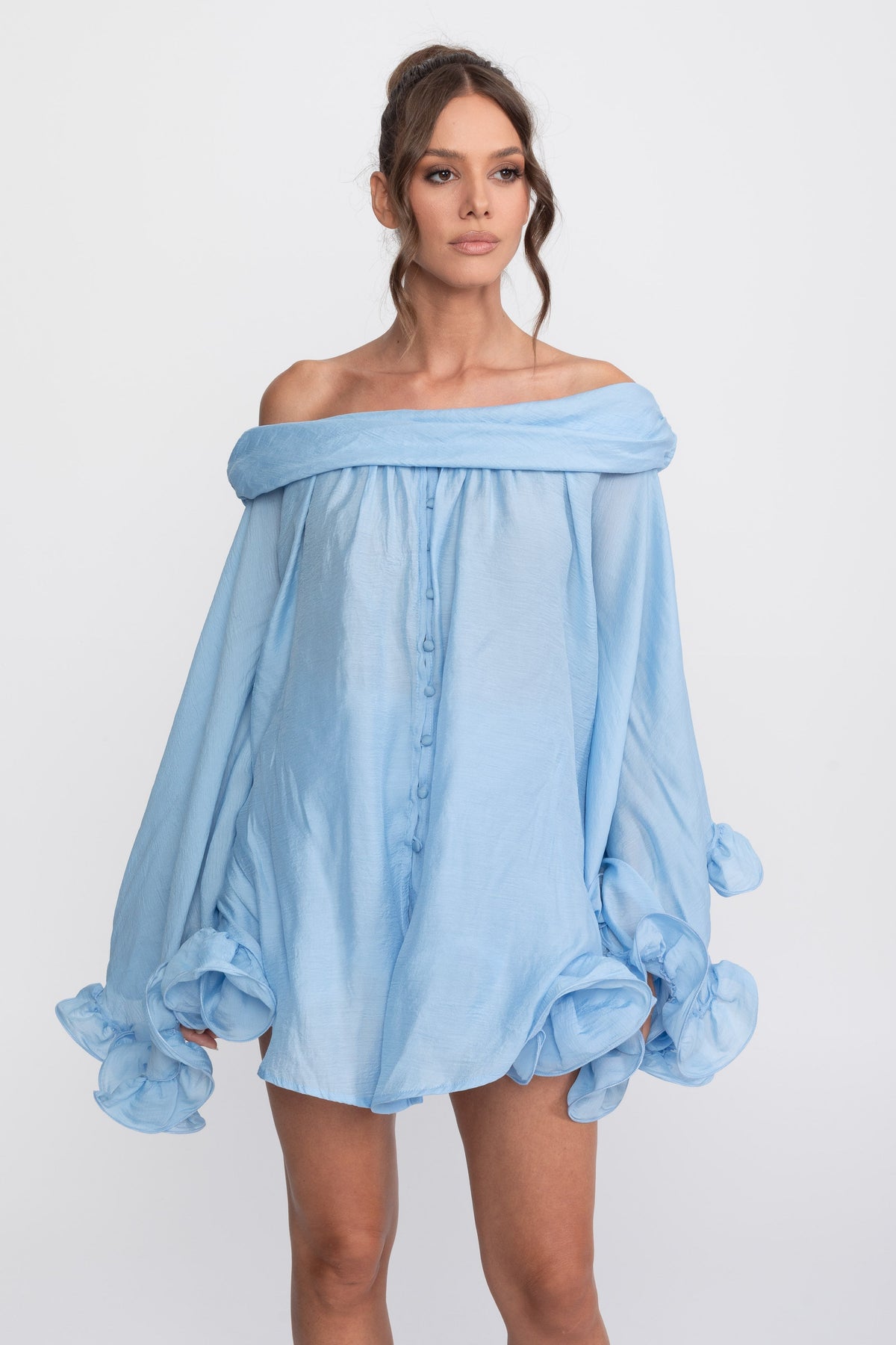 Off-Shoulder Balloon Sleeve Shirt and Mini Skort Co-ord Set – Light Blue – view 7