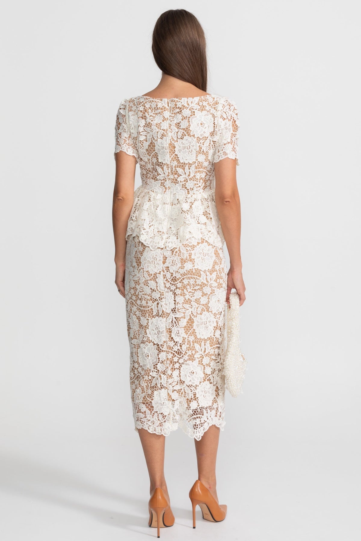 Lace Puff Sleeve Midi Dress with Peplum Waist and Satin Collar – Ivory