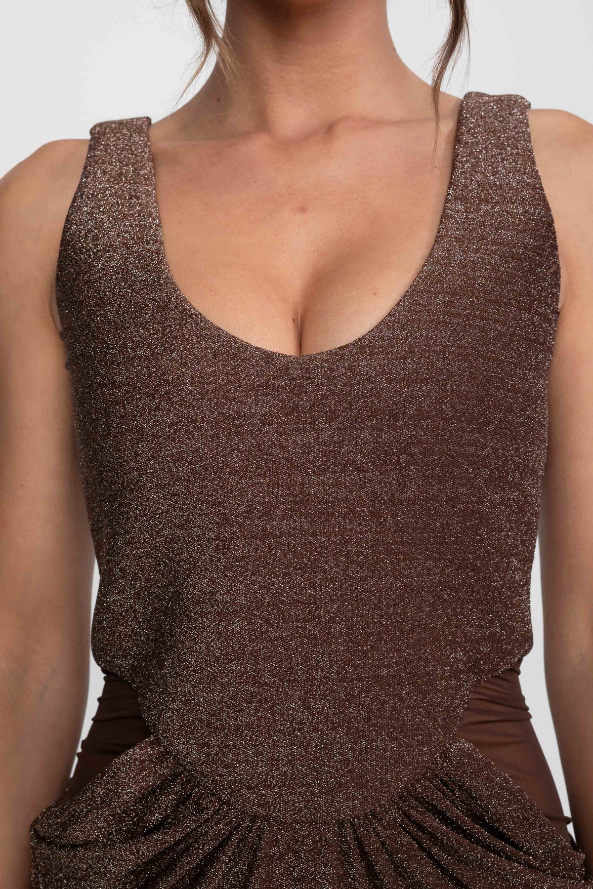 Metallic Knit Column Gown with Scoop Neck and Mesh Cut-Outs – Coffee