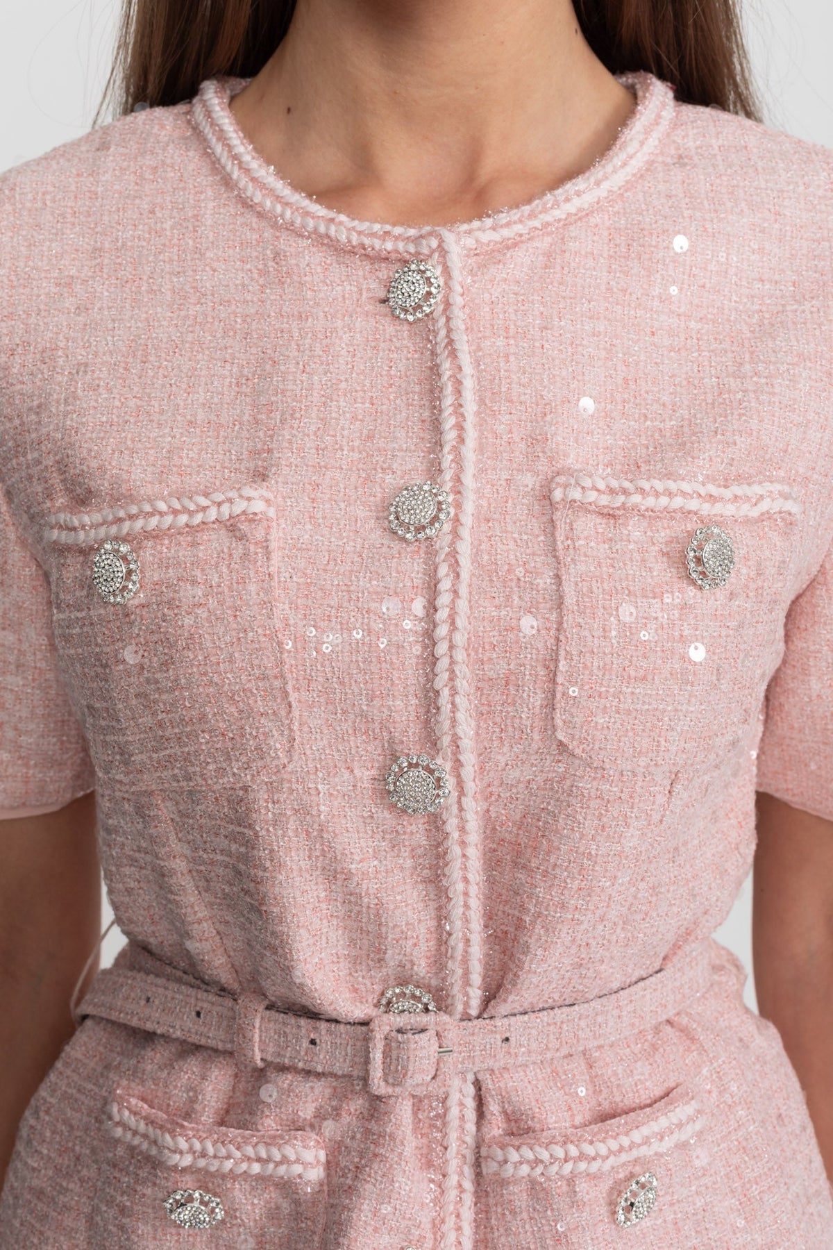 Tweed and Pleated Chiffon Belted Midi Dress with Crystal Buttons – Blush Pink