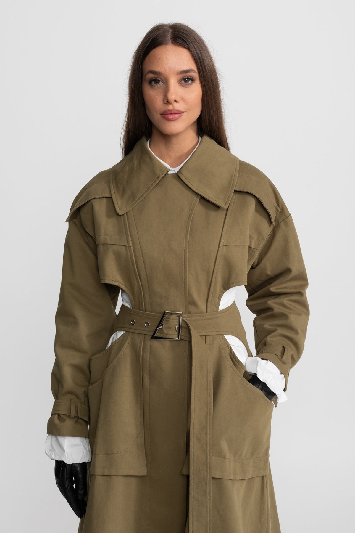 Cut-Out Trench Coat with Belted Waist and Utility Pockets – Khaki – view 3