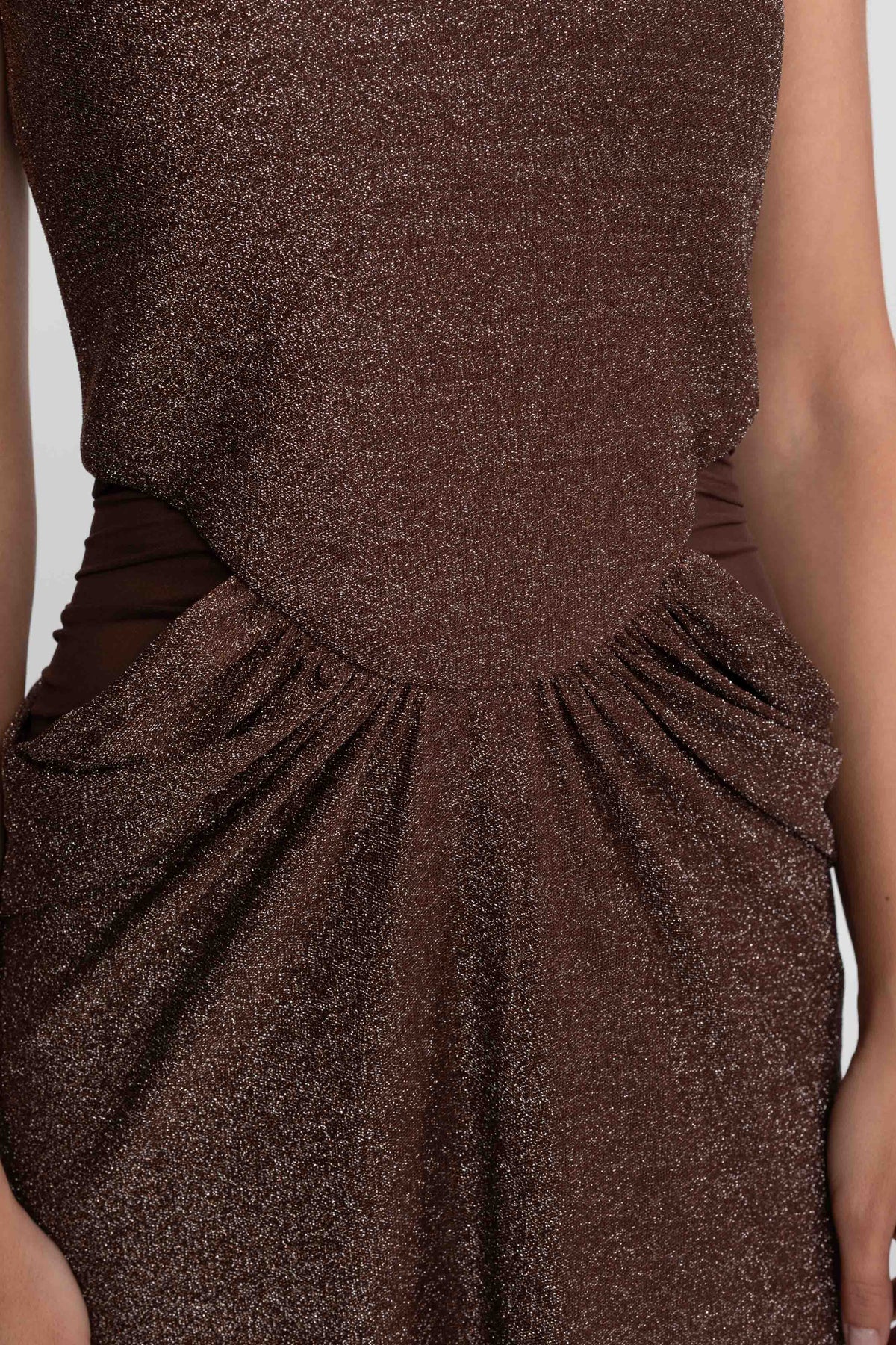 Metallic Knit Column Gown with Scoop Neck and Mesh Cut-Outs – Coffee