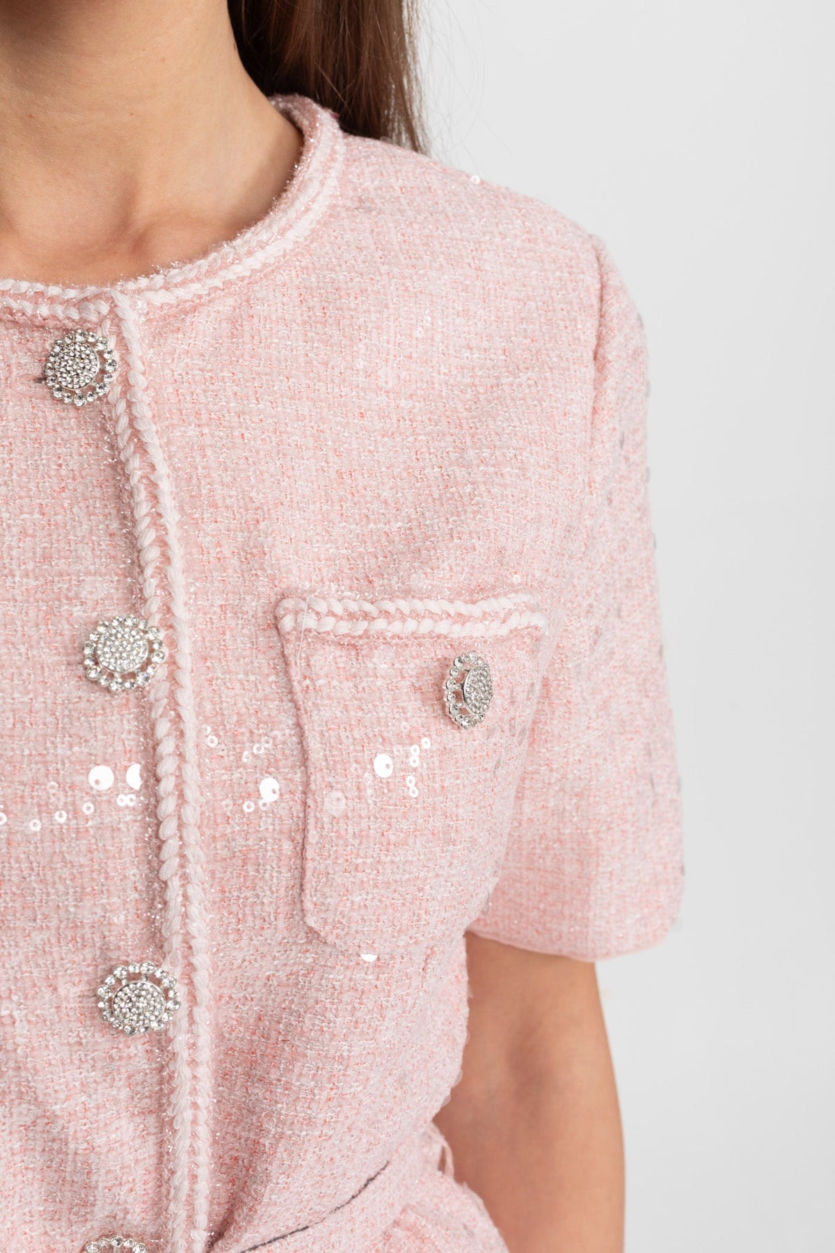 Tweed and Pleated Chiffon Belted Midi Dress with Crystal Buttons – Blush Pink – view 4