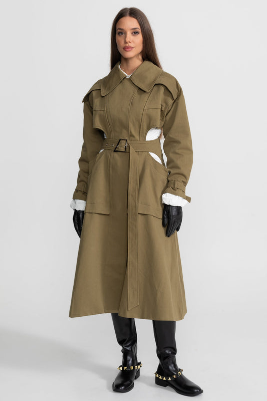Cut-Out Trench Coat with Belted Waist and Utility Pockets – Khaki