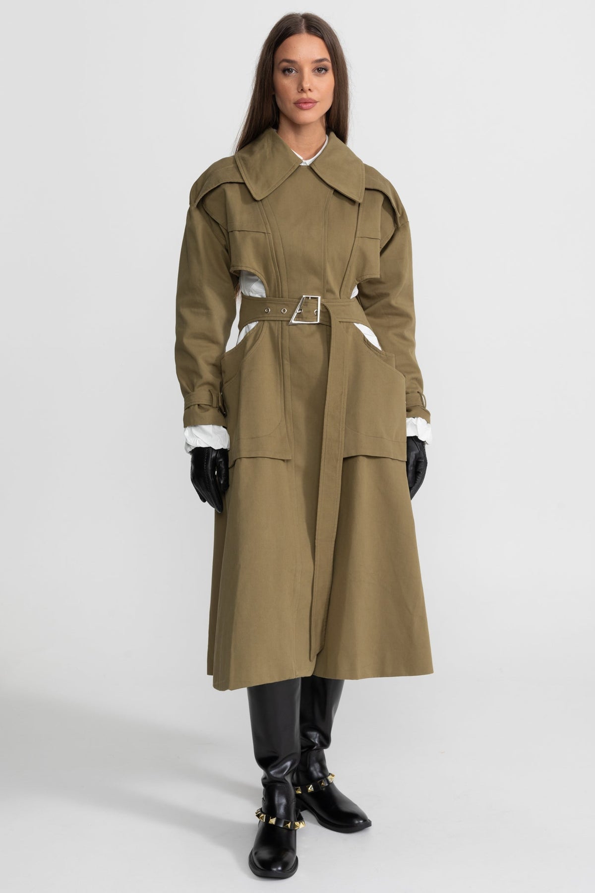 Cut-Out Trench Coat with Belted Waist and Utility Pockets – Khaki – view 4