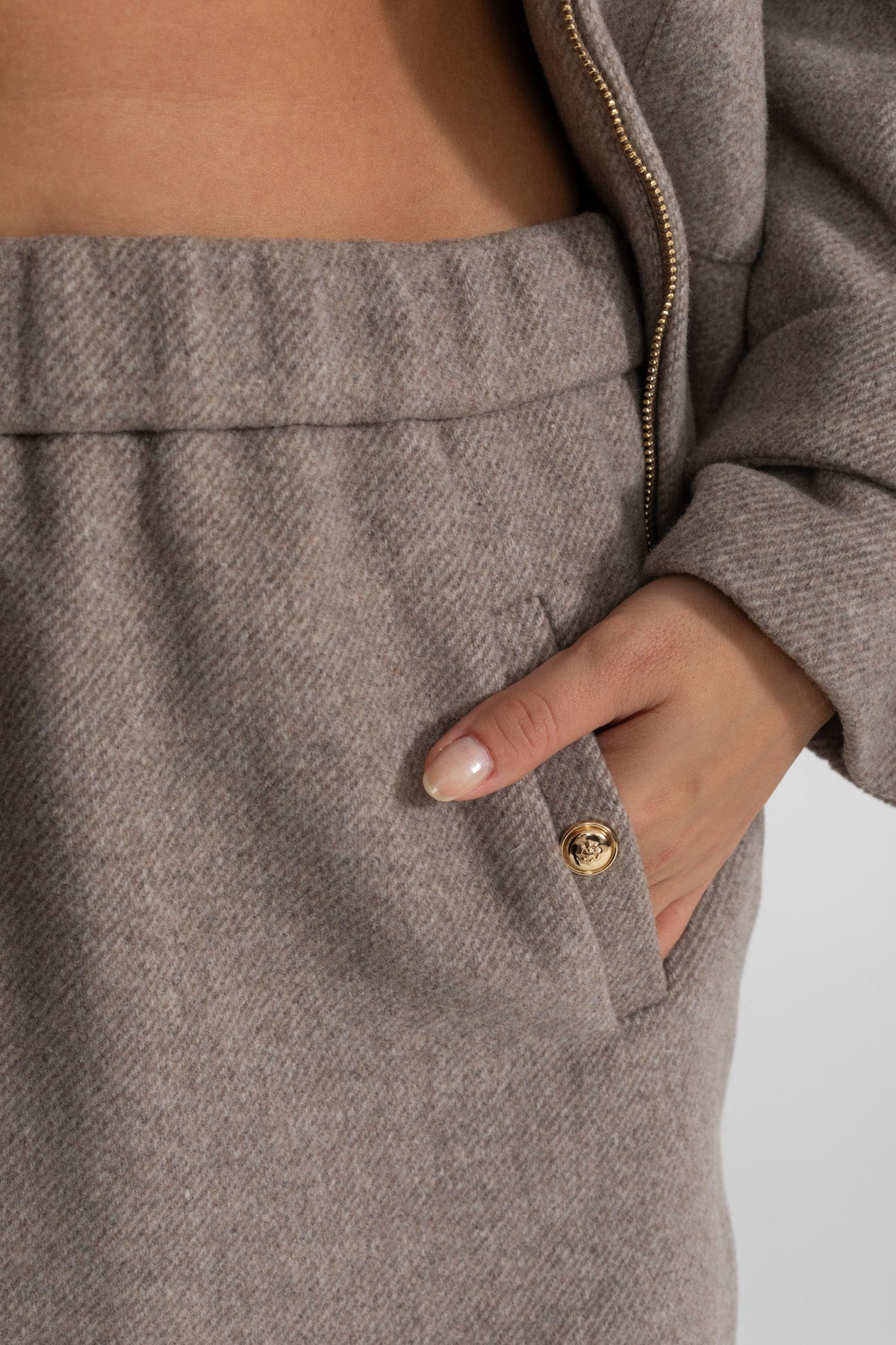 Wool Blend Cropped Bomber Jacket and Mini Skirt Co-ord Set – Taupe – view 9