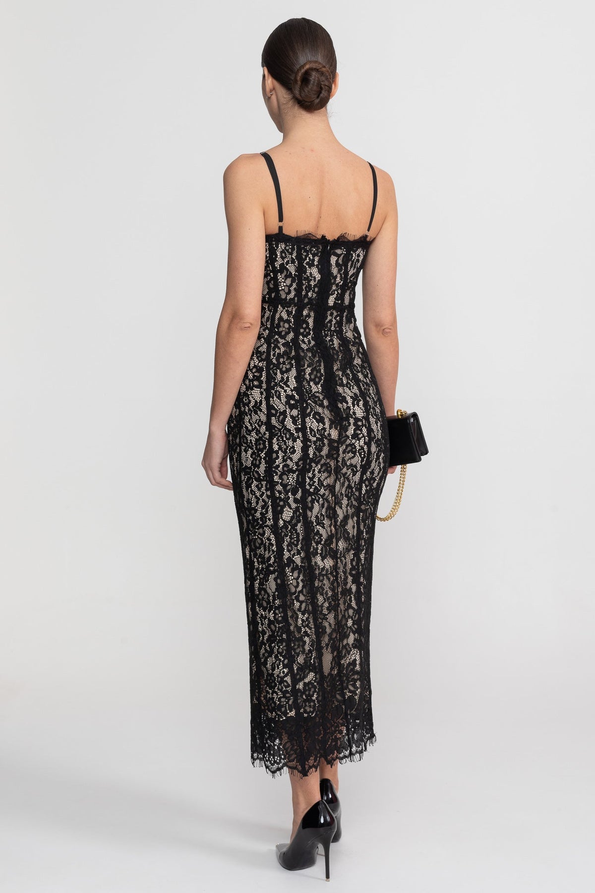 Lace Pencil Midi Dress with Sheer Corset Bodice and Sweetheart Neck – Black