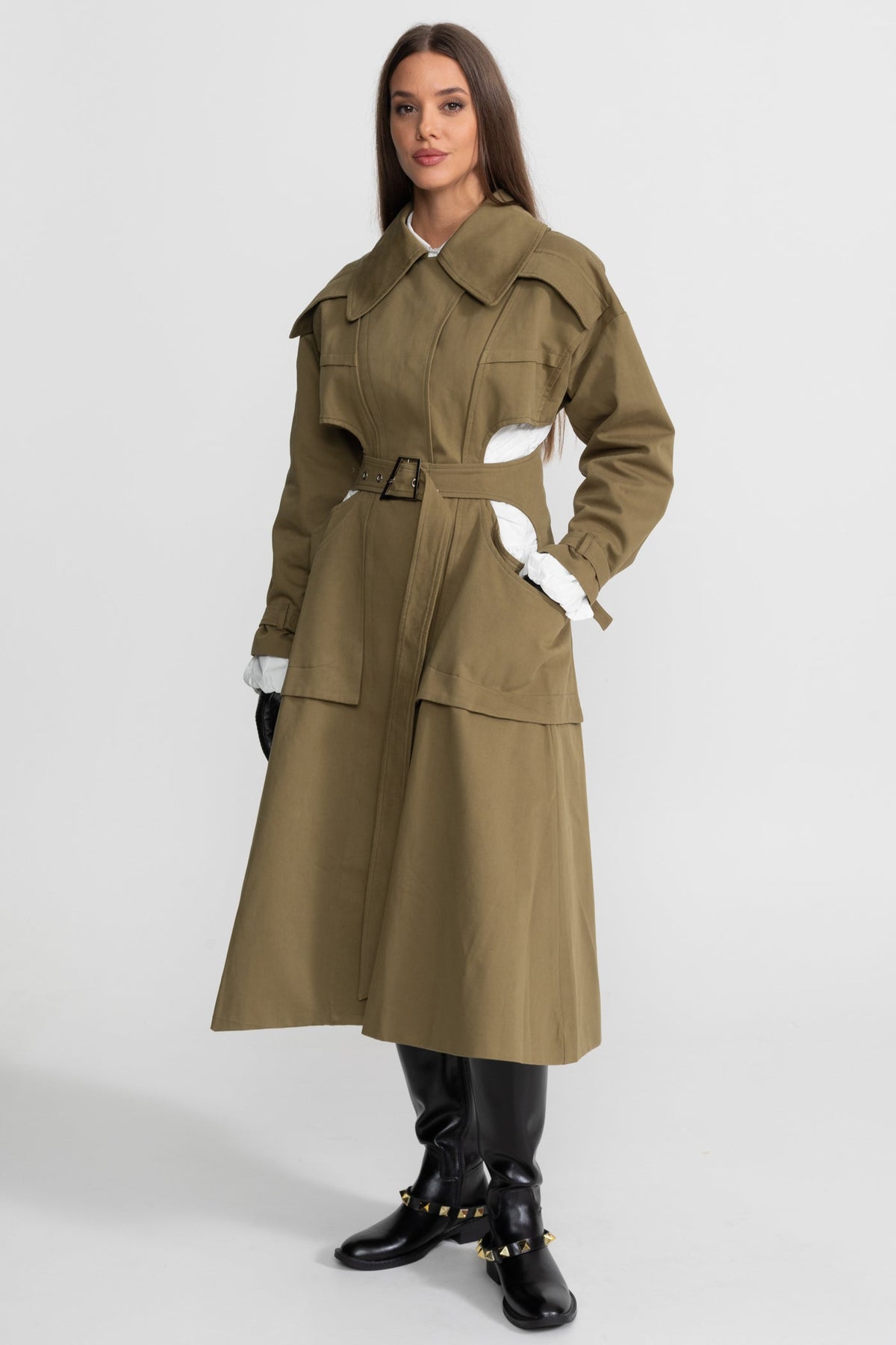 Cut-Out Trench Coat with Belted Waist and Utility Pockets – Khaki – view 2