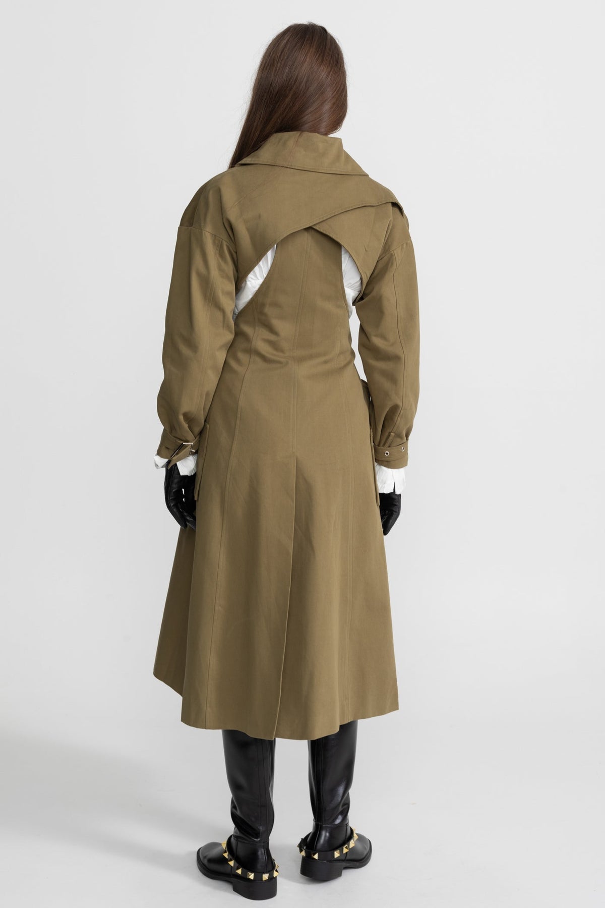 Cut-Out Trench Coat with Belted Waist and Utility Pockets – Khaki – view 6