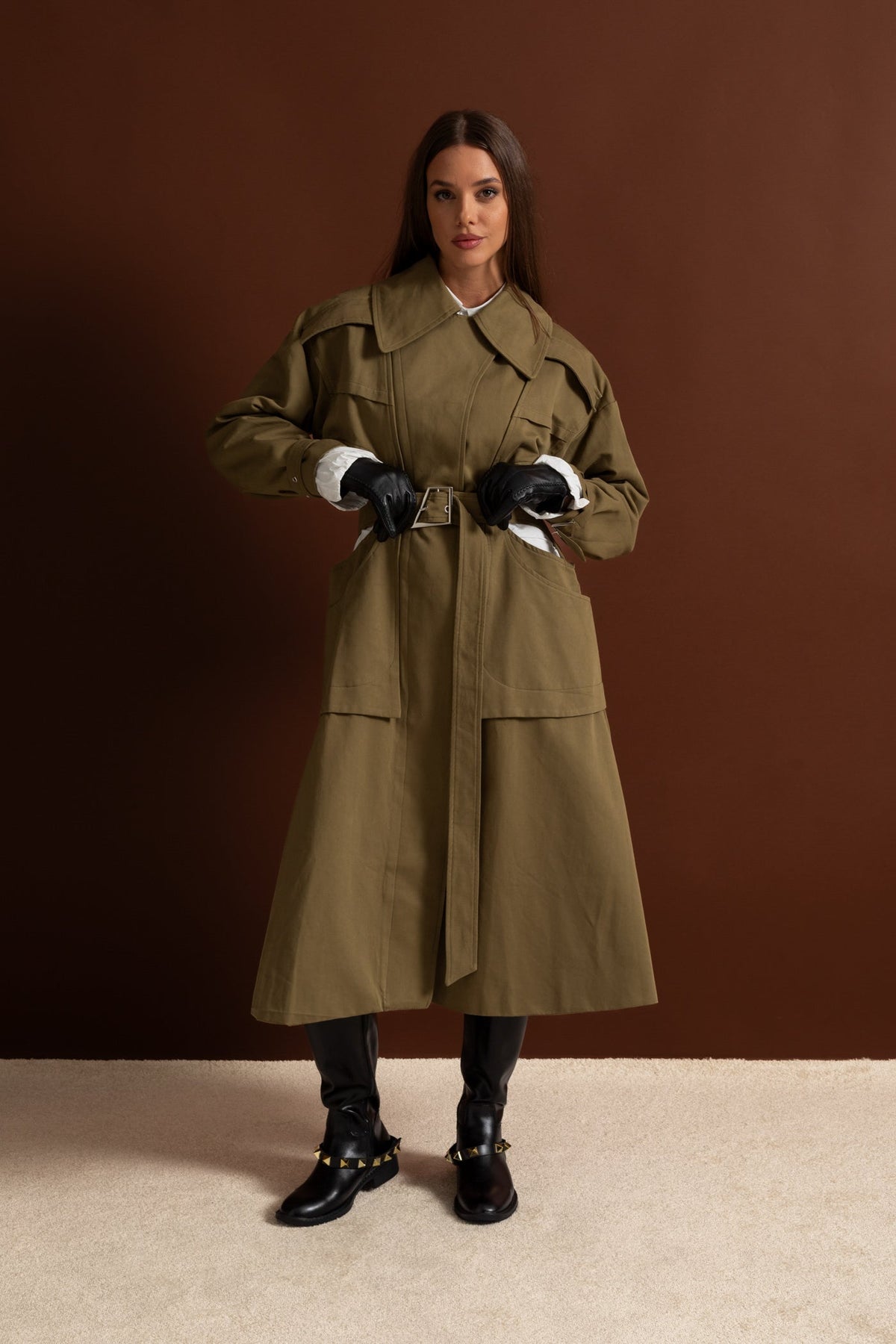 Cut-Out Trench Coat with Belted Waist and Utility Pockets – Khaki – view 7