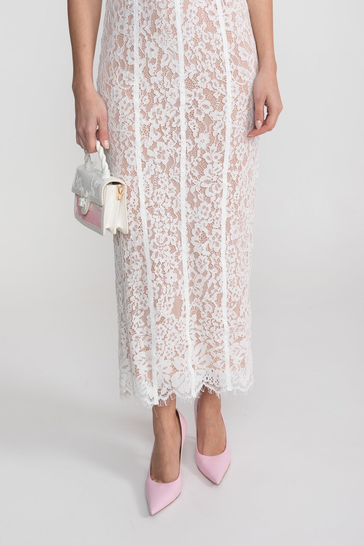 Lace Pencil Midi Dress with Sheer Corset Bodice and Sweetheart Neck – White – view 11