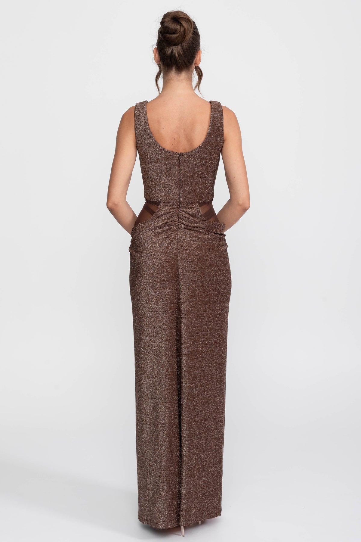 Metallic Knit Column Gown with Scoop Neck and Mesh Cut-Outs – Coffee
