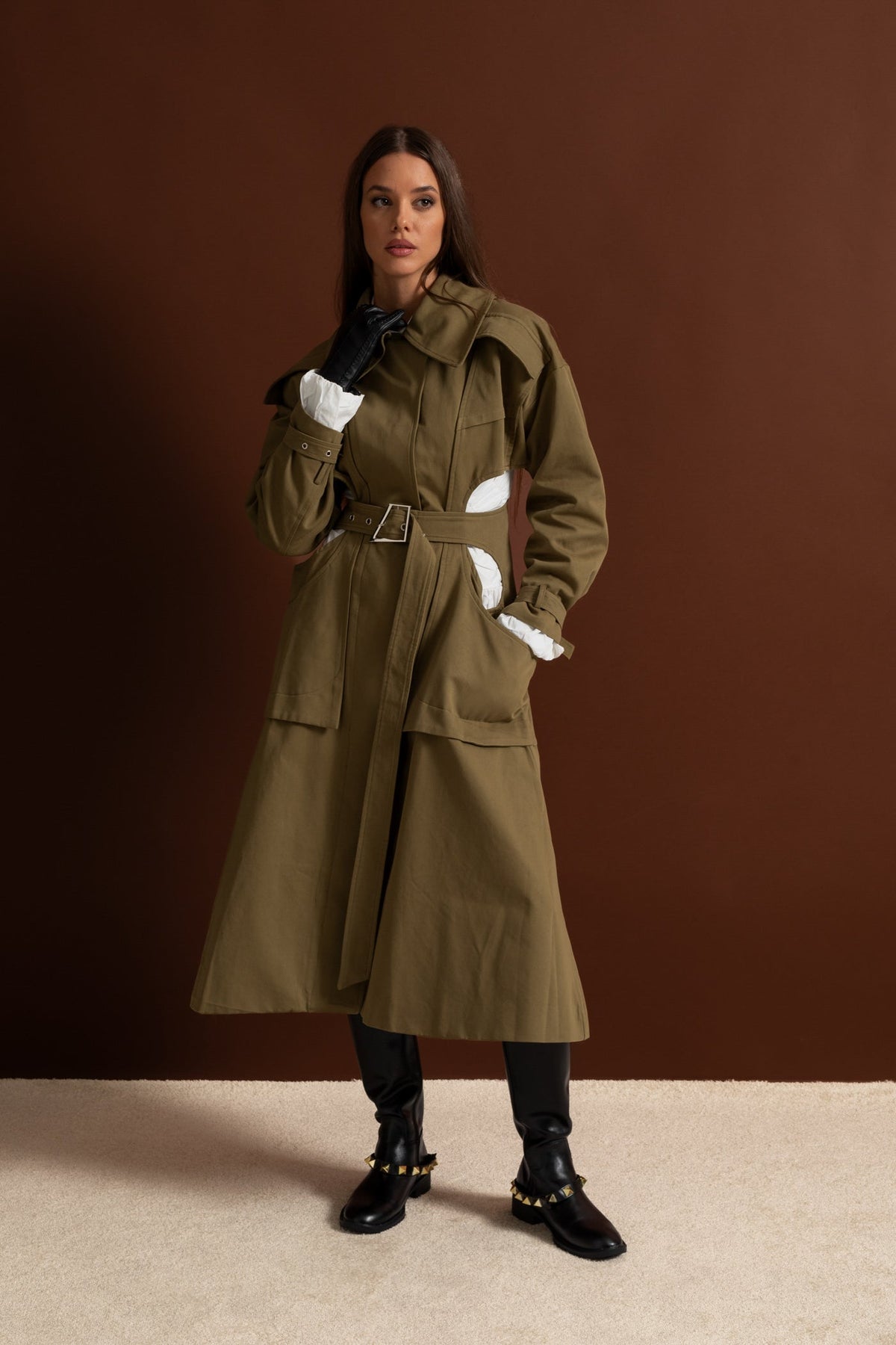 Cut-Out Trench Coat with Belted Waist and Utility Pockets – Khaki – view 8