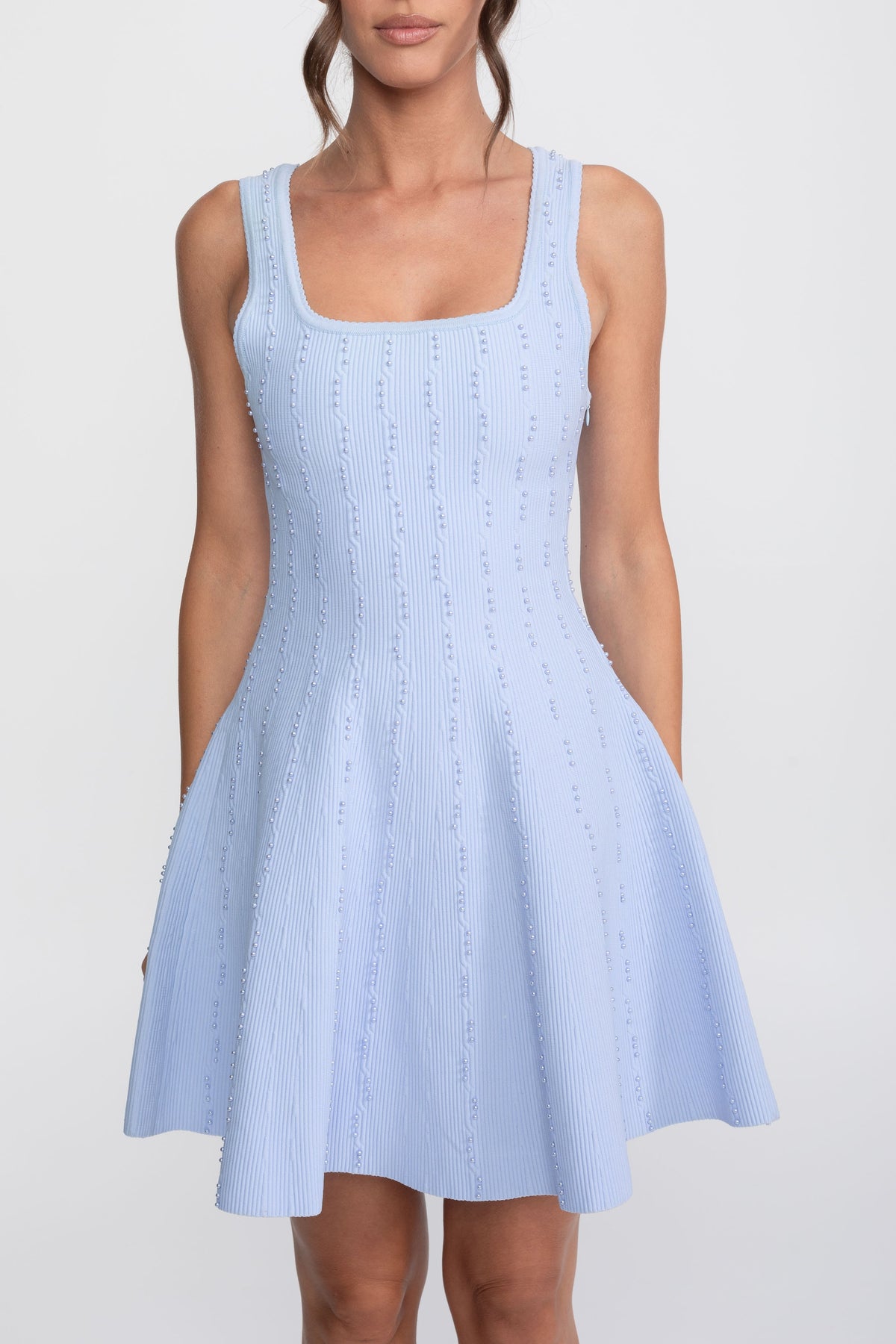 Sleeveless Square Neck Ribbed Knit Mini Dress with Pearl Beading – Light Blue – view 4