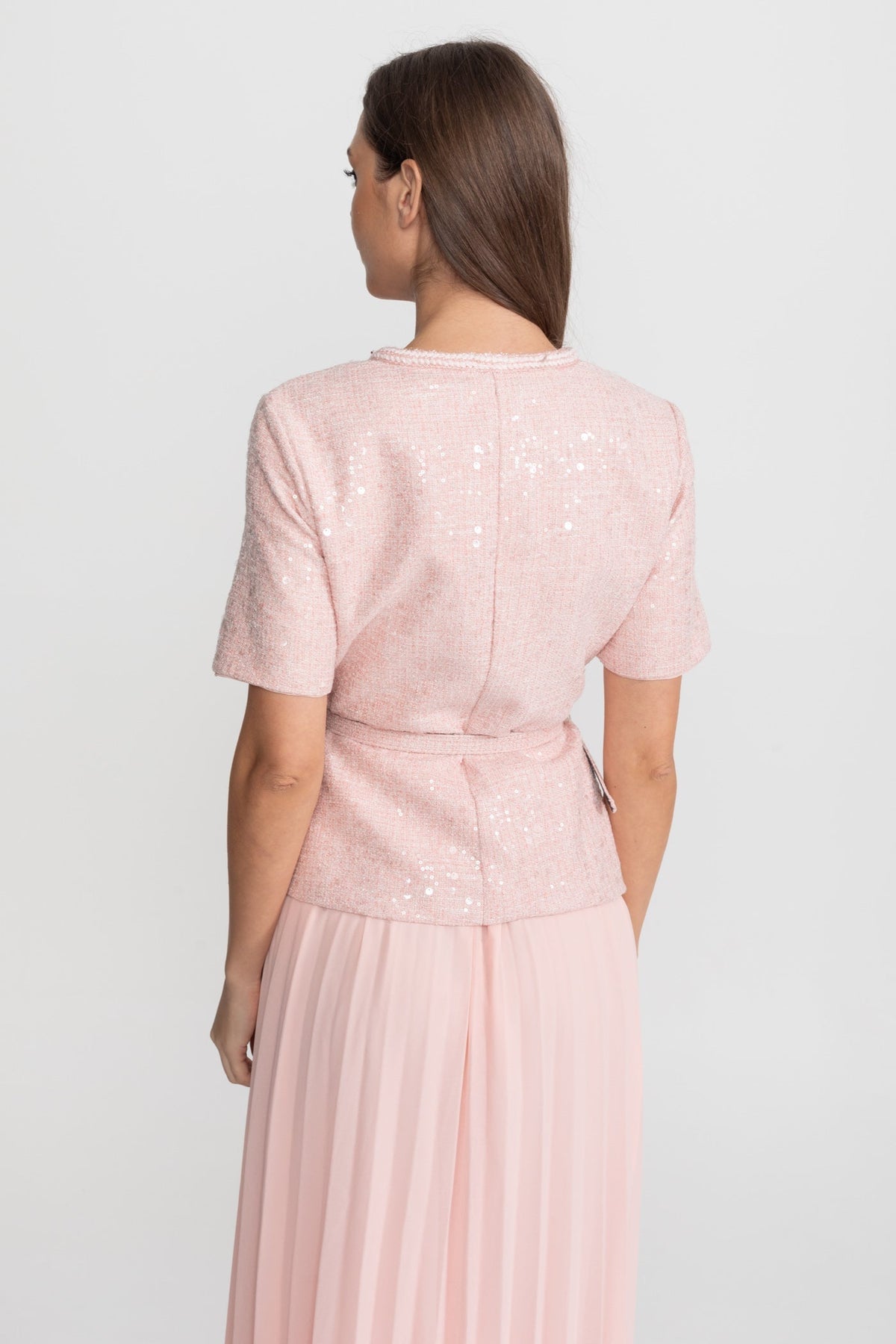 Tweed and Pleated Chiffon Belted Midi Dress with Crystal Buttons – Blush Pink