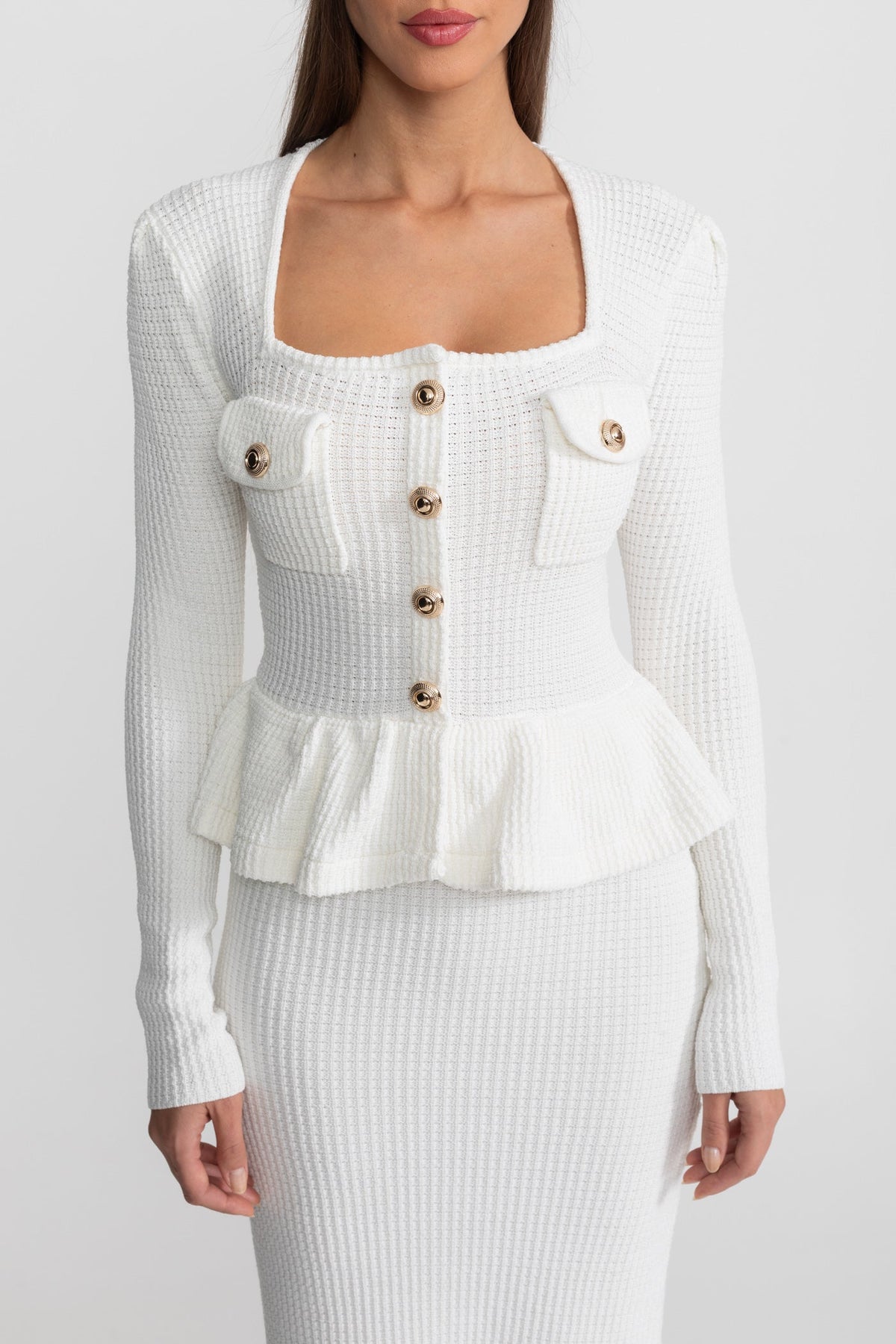 Square Neck Long Sleeve Knit Peplum Midi Dress – White – view 5