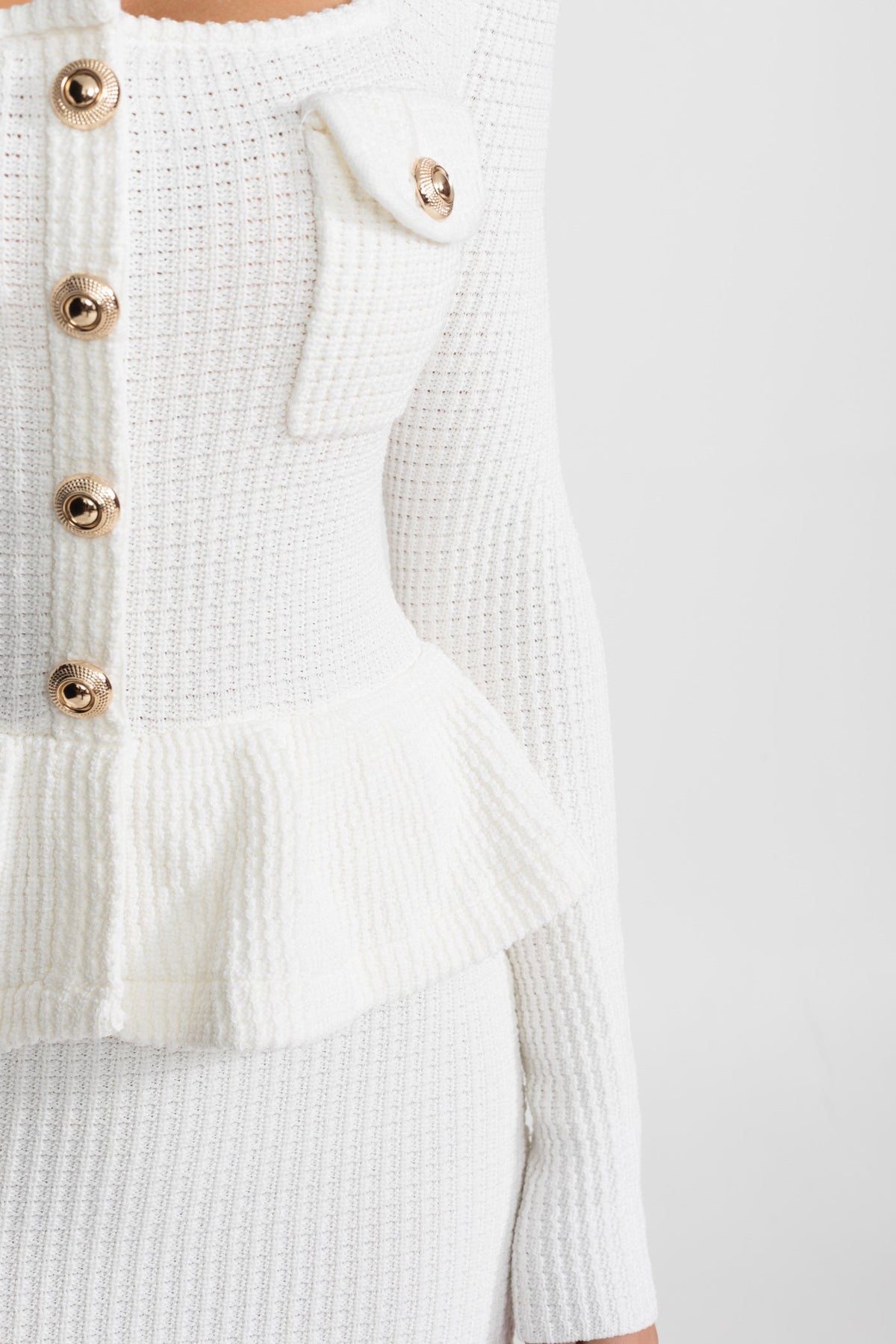 Square Neck Long Sleeve Knit Peplum Midi Dress – White – view 6