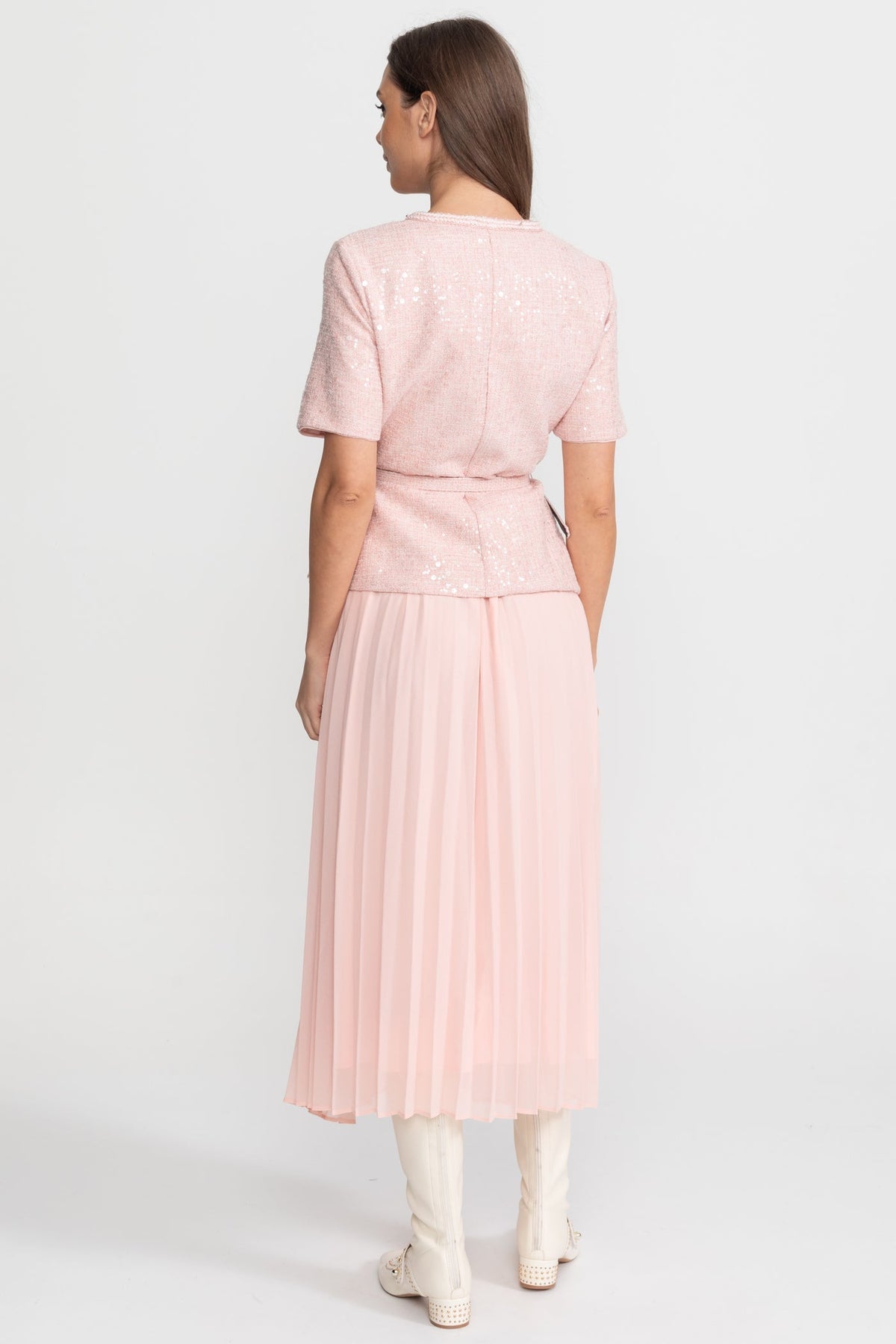 Tweed and Pleated Chiffon Belted Midi Dress with Crystal Buttons – Blush Pink – view 5