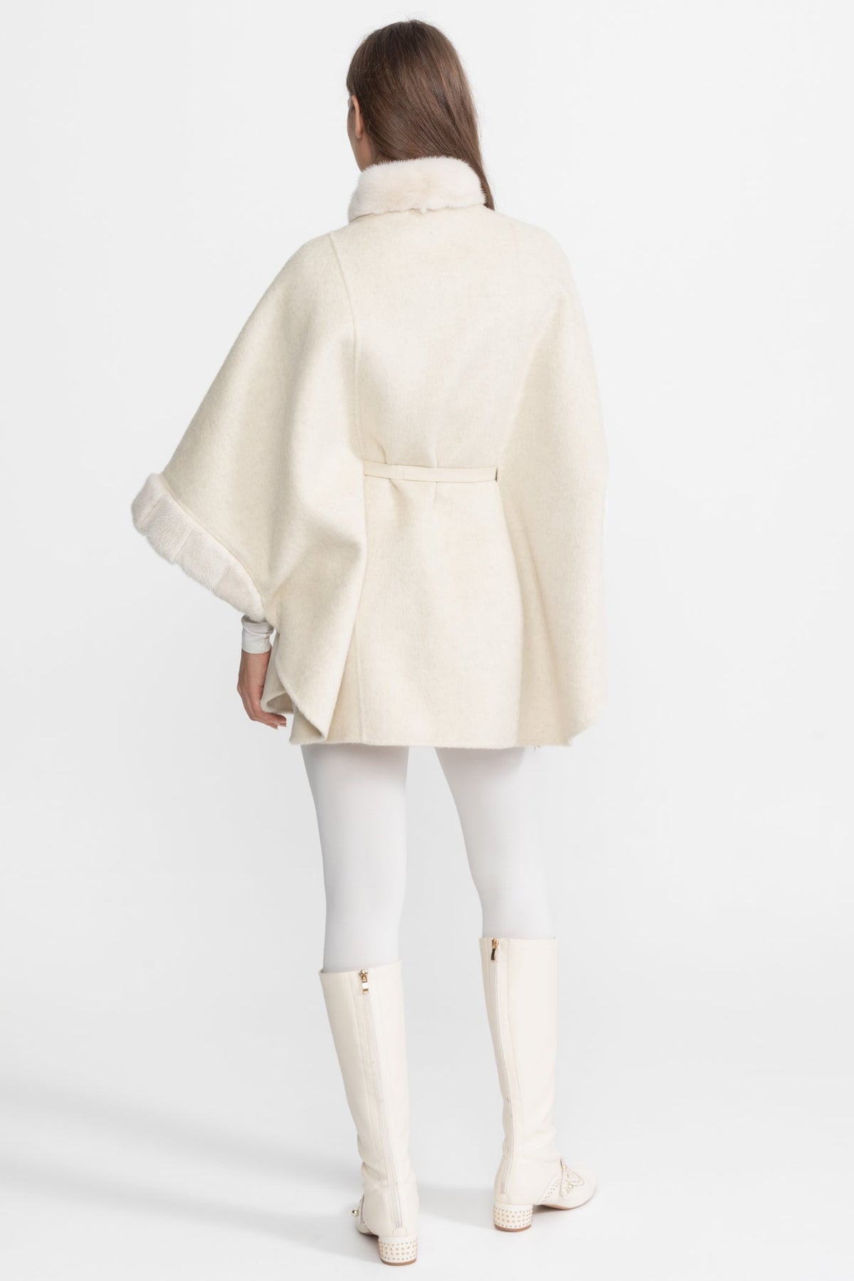 Wool Blend Cape Coat with Collar Trim and Tie Belt – Ivoire – view 7