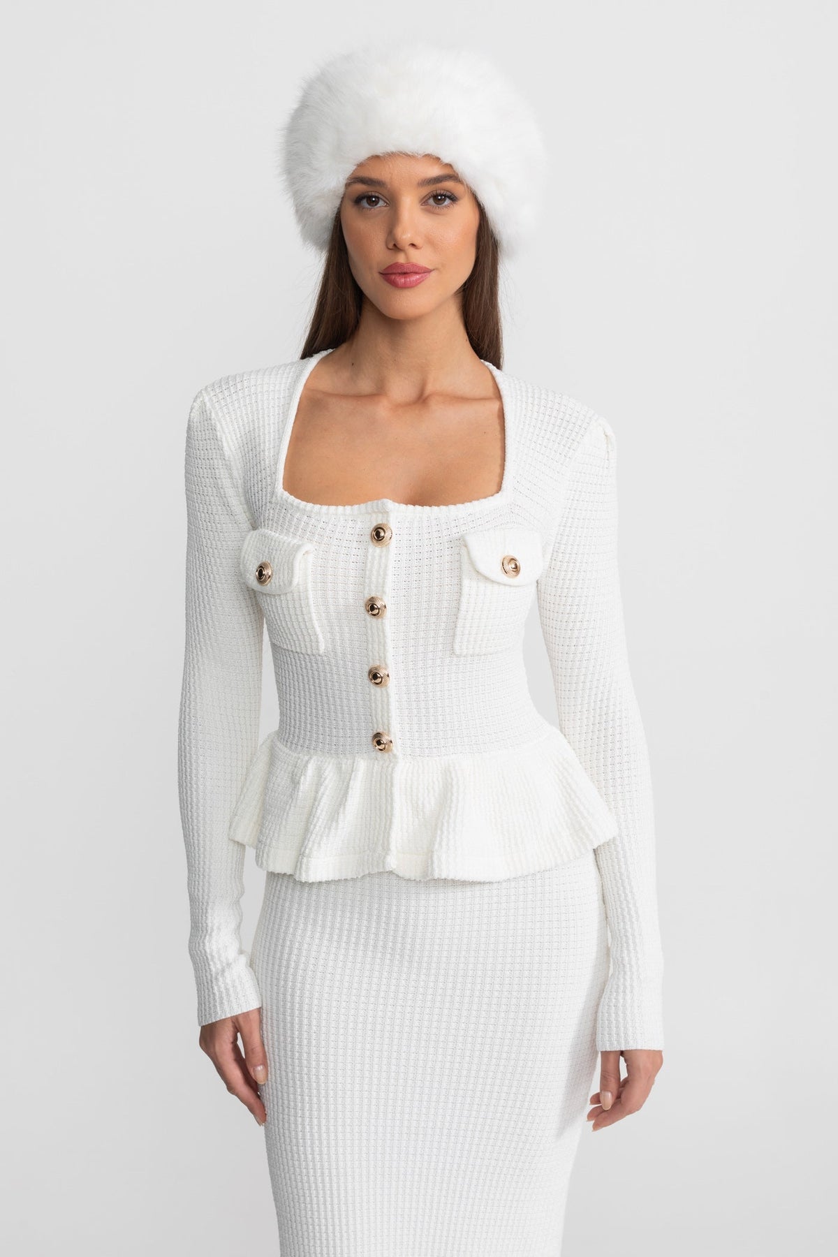 Square Neck Long Sleeve Knit Peplum Midi Dress – White – view 3