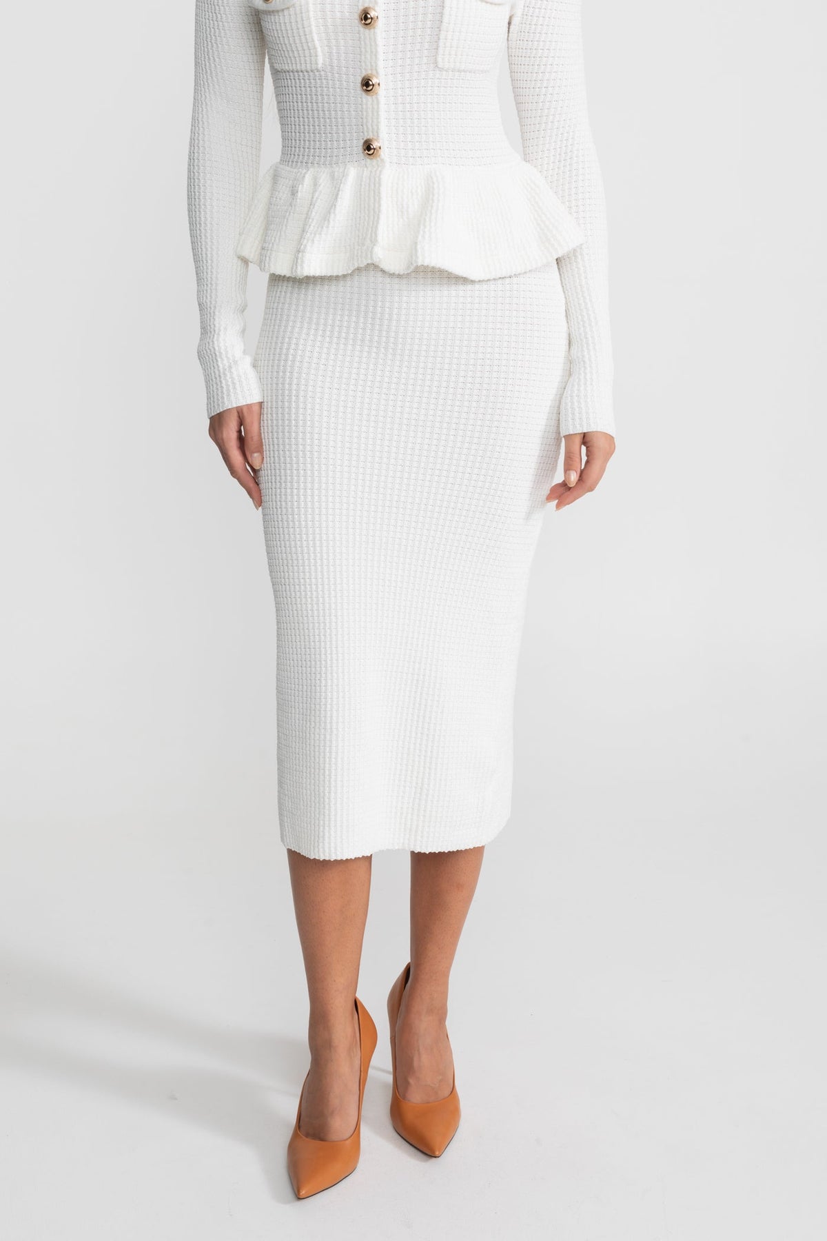 Square Neck Long Sleeve Knit Peplum Midi Dress – White – view 8