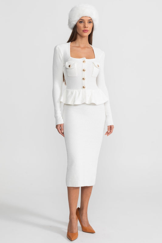 Square Neck Long Sleeve Knit Peplum Midi Dress – White – view 2