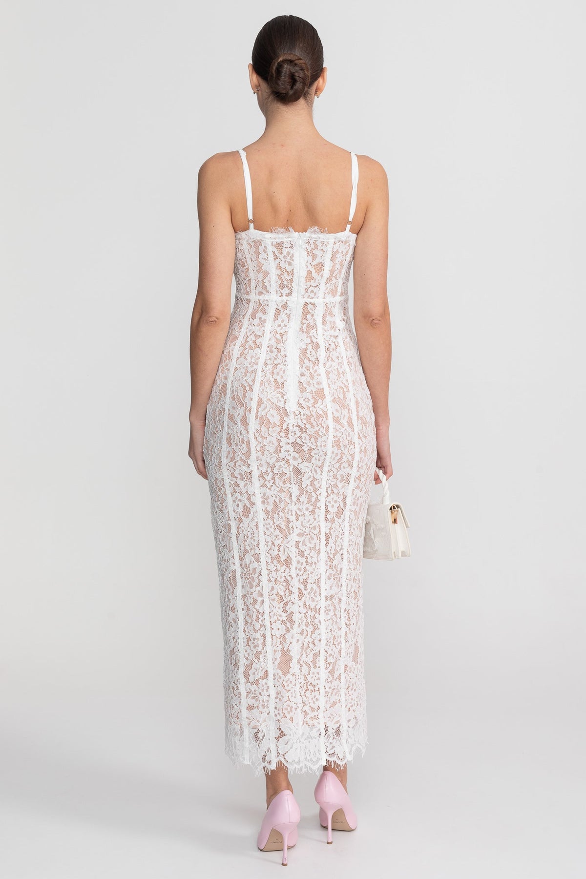 Lace Pencil Midi Dress with Sheer Corset Bodice and Sweetheart Neck – White