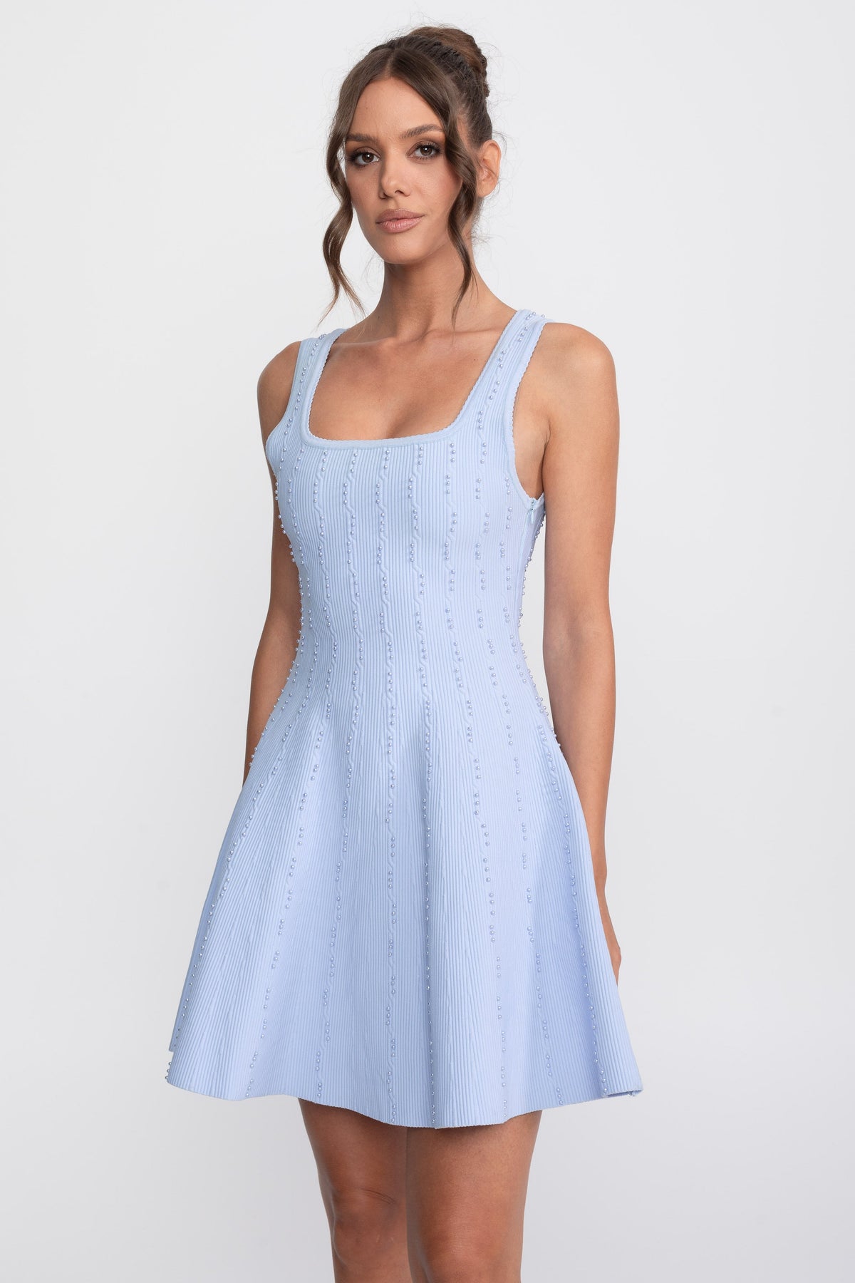 Sleeveless Square Neck Ribbed Knit Mini Dress with Pearl Beading – Light Blue – view 3