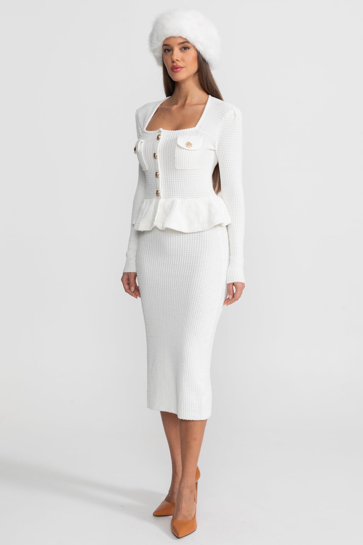 Square Neck Long Sleeve Knit Peplum Midi Dress – White – view 4