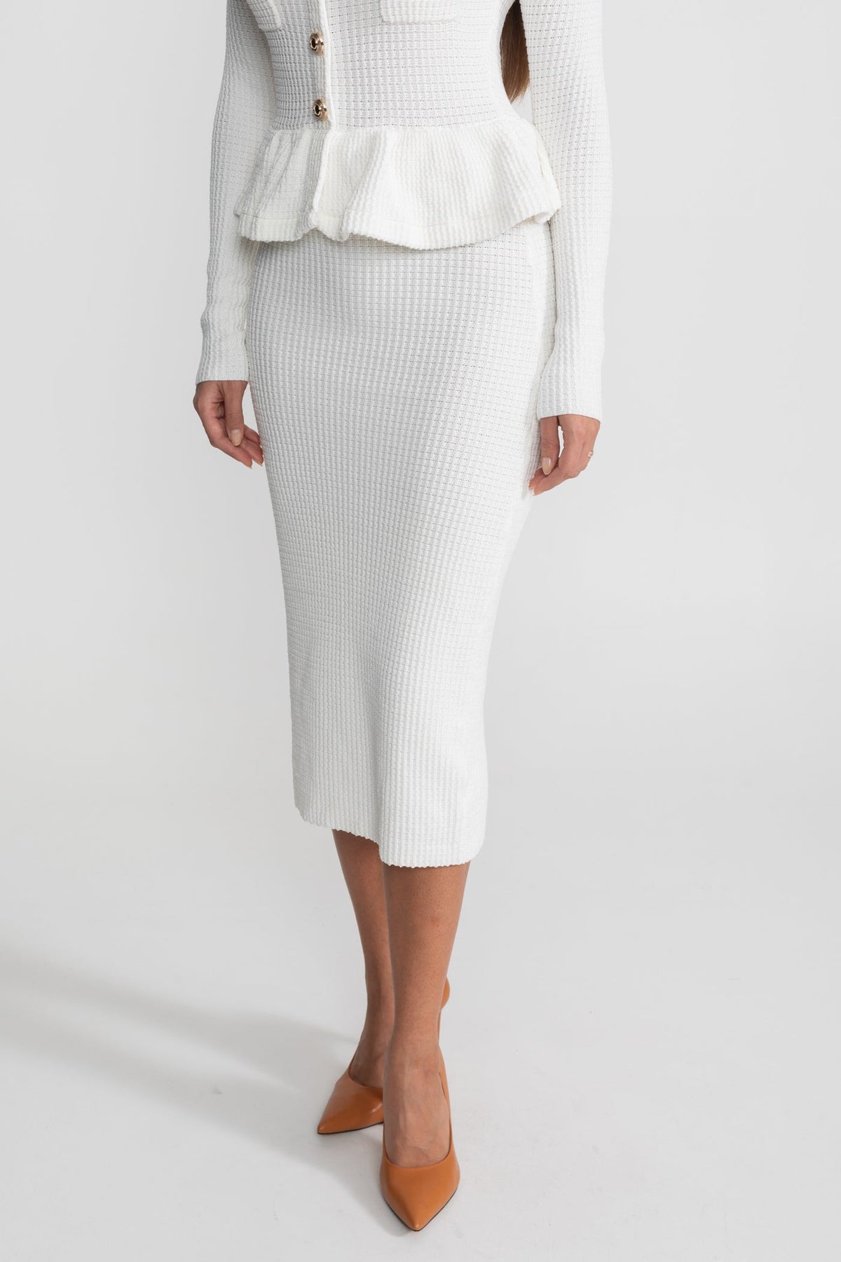 Square Neck Long Sleeve Knit Peplum Midi Dress – White – view 10
