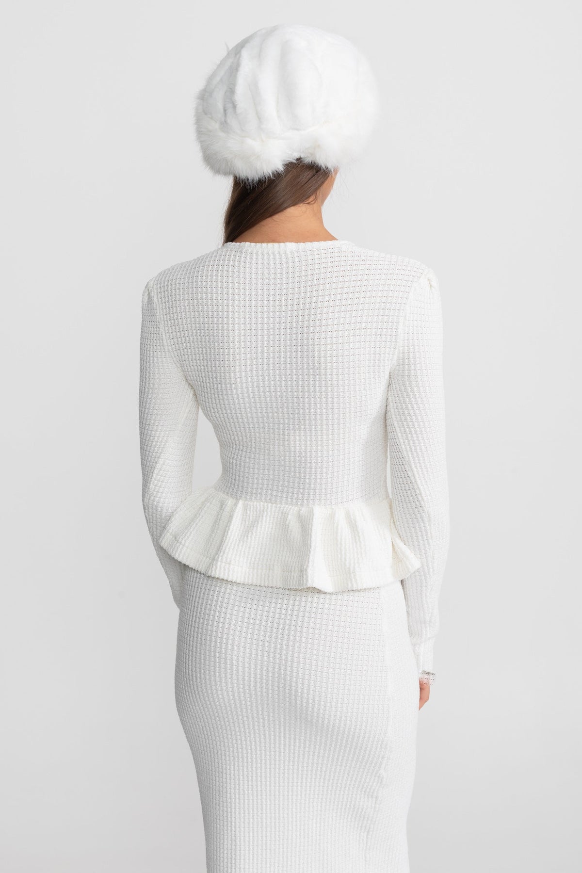 Square Neck Long Sleeve Knit Peplum Midi Dress – White – view 11