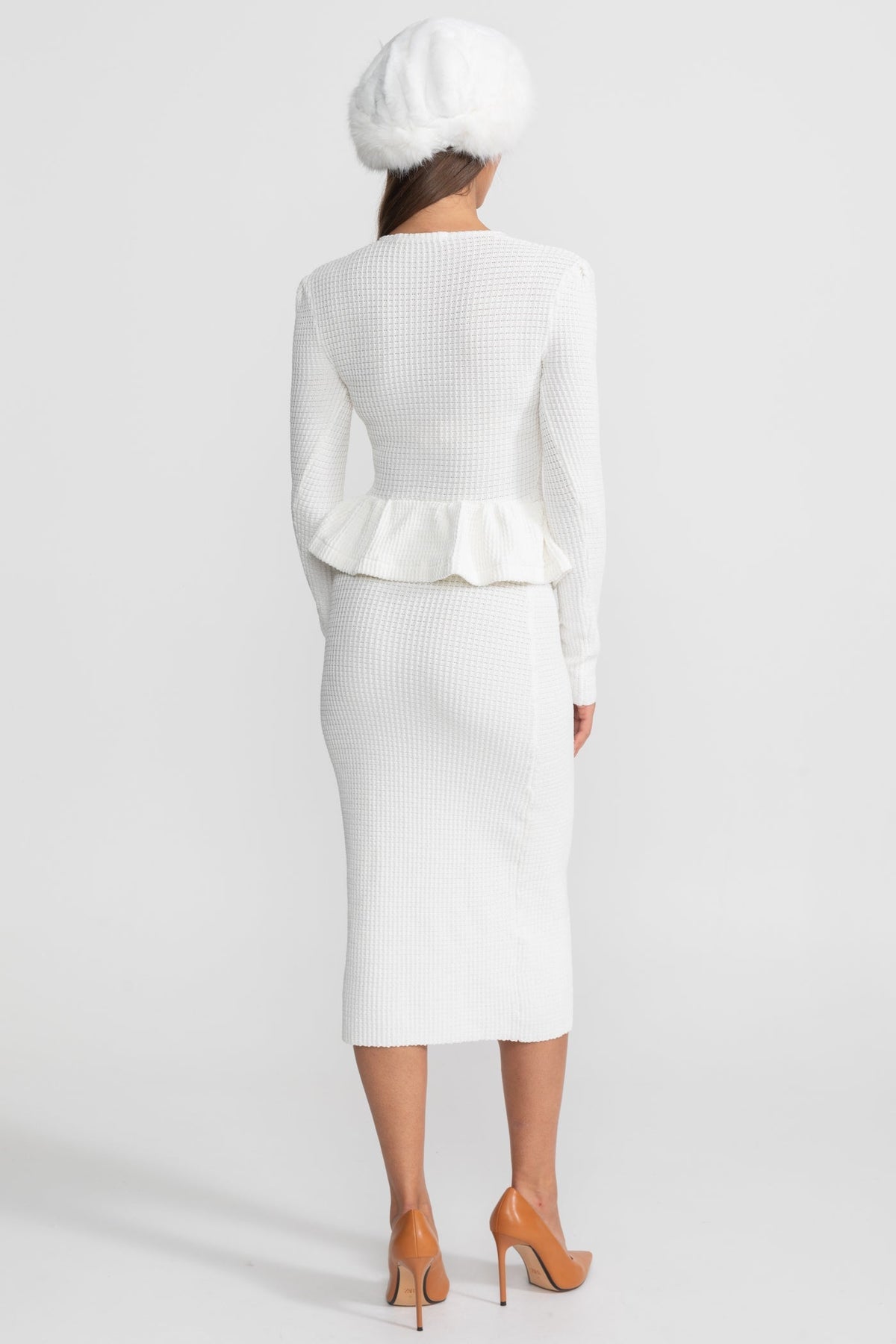 Square Neck Long Sleeve Knit Peplum Midi Dress – White – view 12