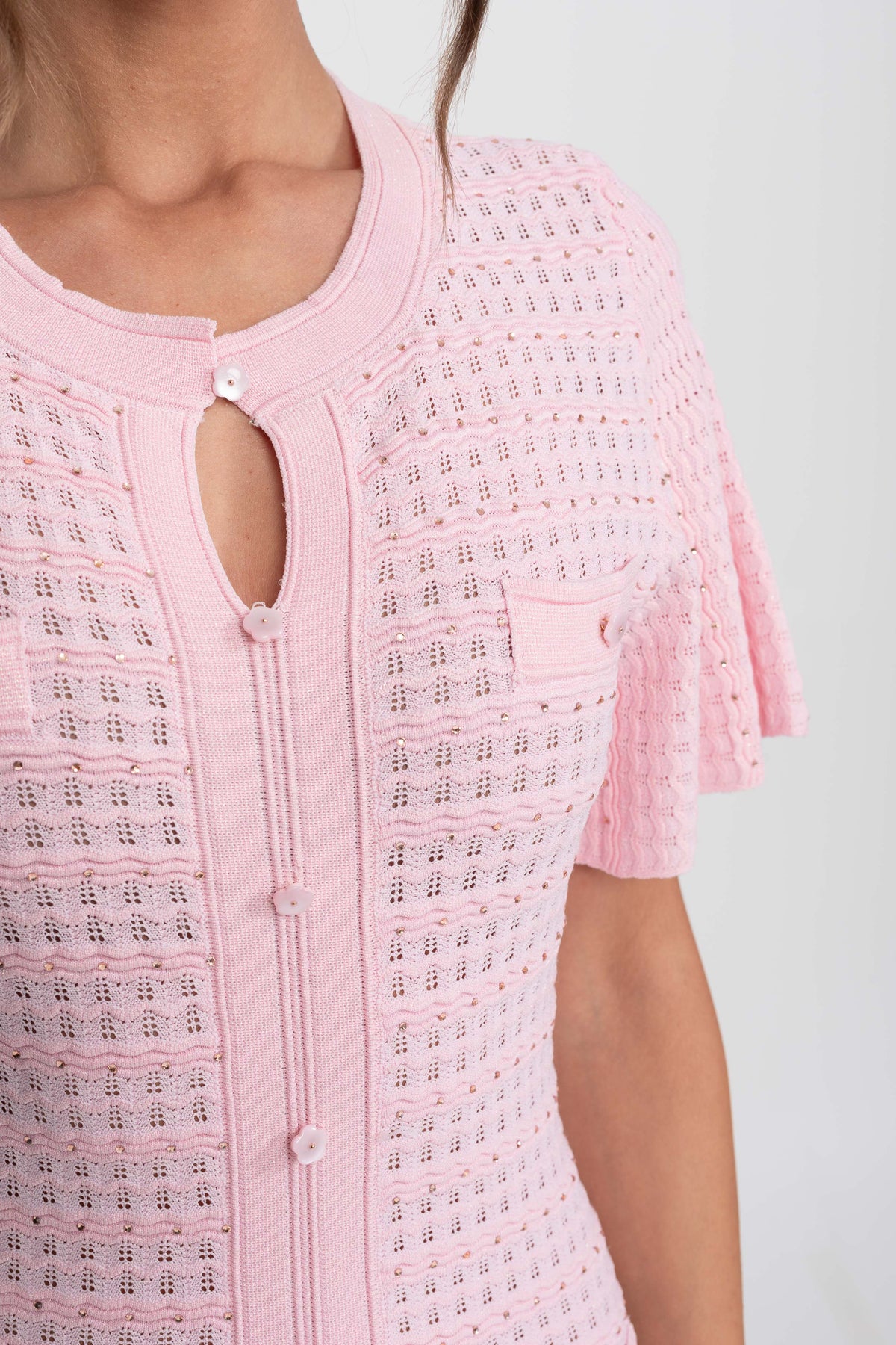 Shimmer Knit Button Front Midi Dress with Pleated Skirt – Pink – view 6