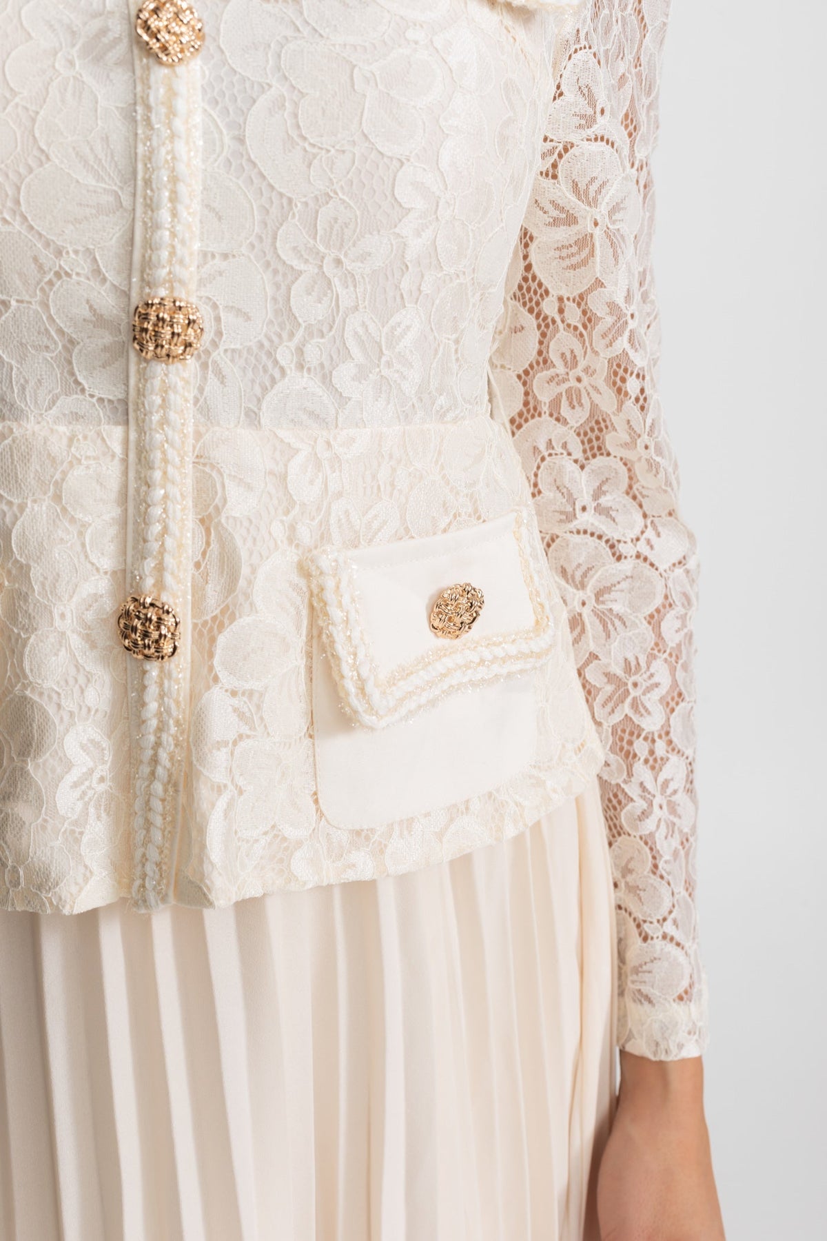 Lace Bodice Pleated Chiffon Midi Dress with Gold Buttons – Ivory – view 3