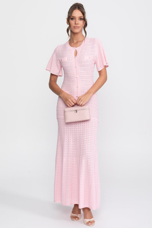 Shimmer Knit Button Front Midi Dress with Pleated Skirt – Pink – view 2