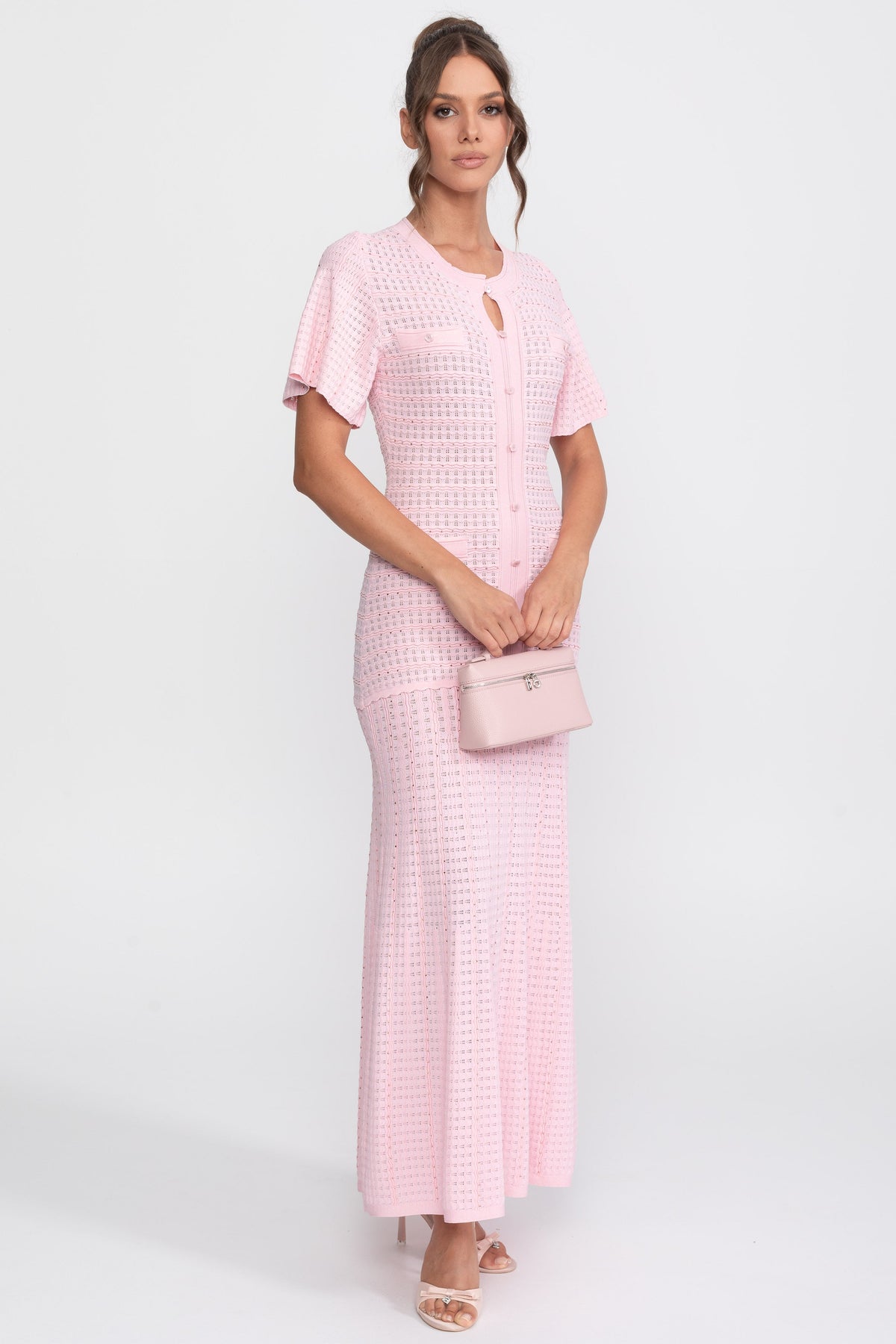 Shimmer Knit Button Front Midi Dress with Pleated Skirt – Pink – view 3